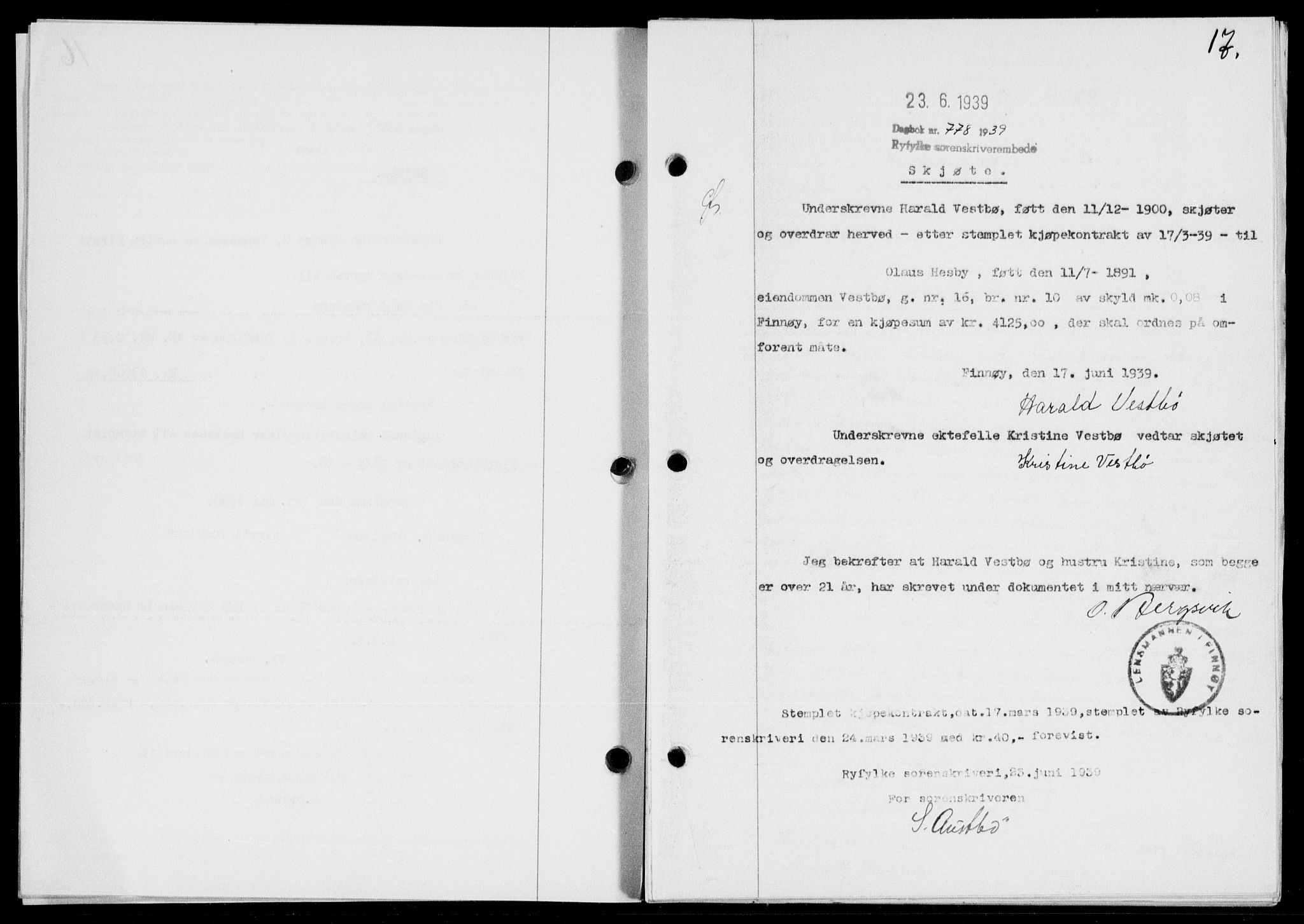 Ryfylke tingrett, SAST/A-100055/001/II/IIB/L0080: Mortgage book no. 59, 1939-1939, Diary no: : 778/1939