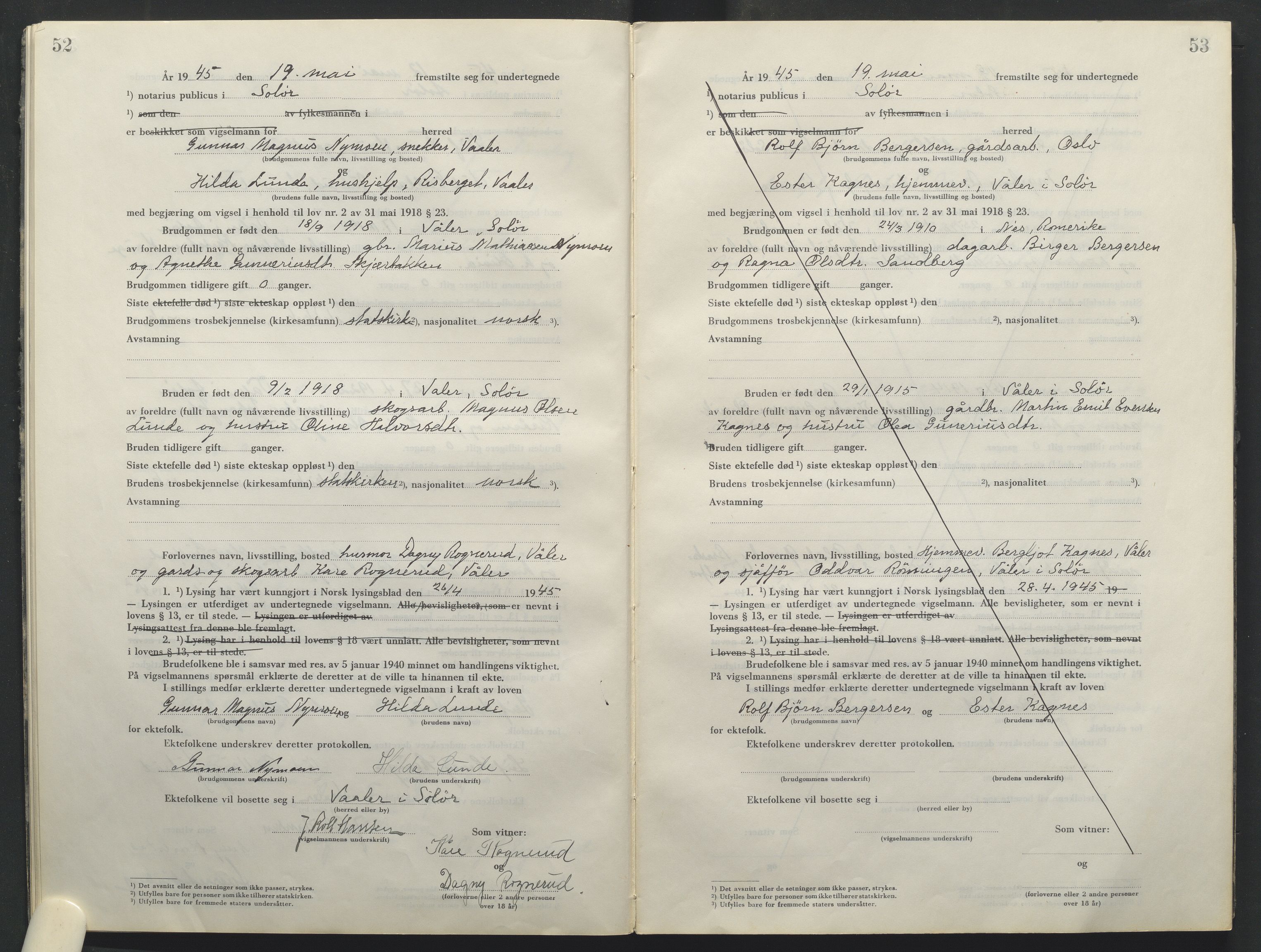 Solør tingrett, AV/SAH-TING-008/L/Lb/L0003/0001: Vigselprotokoll / Vigselprotokoll, 1944-1961, p. 52-53