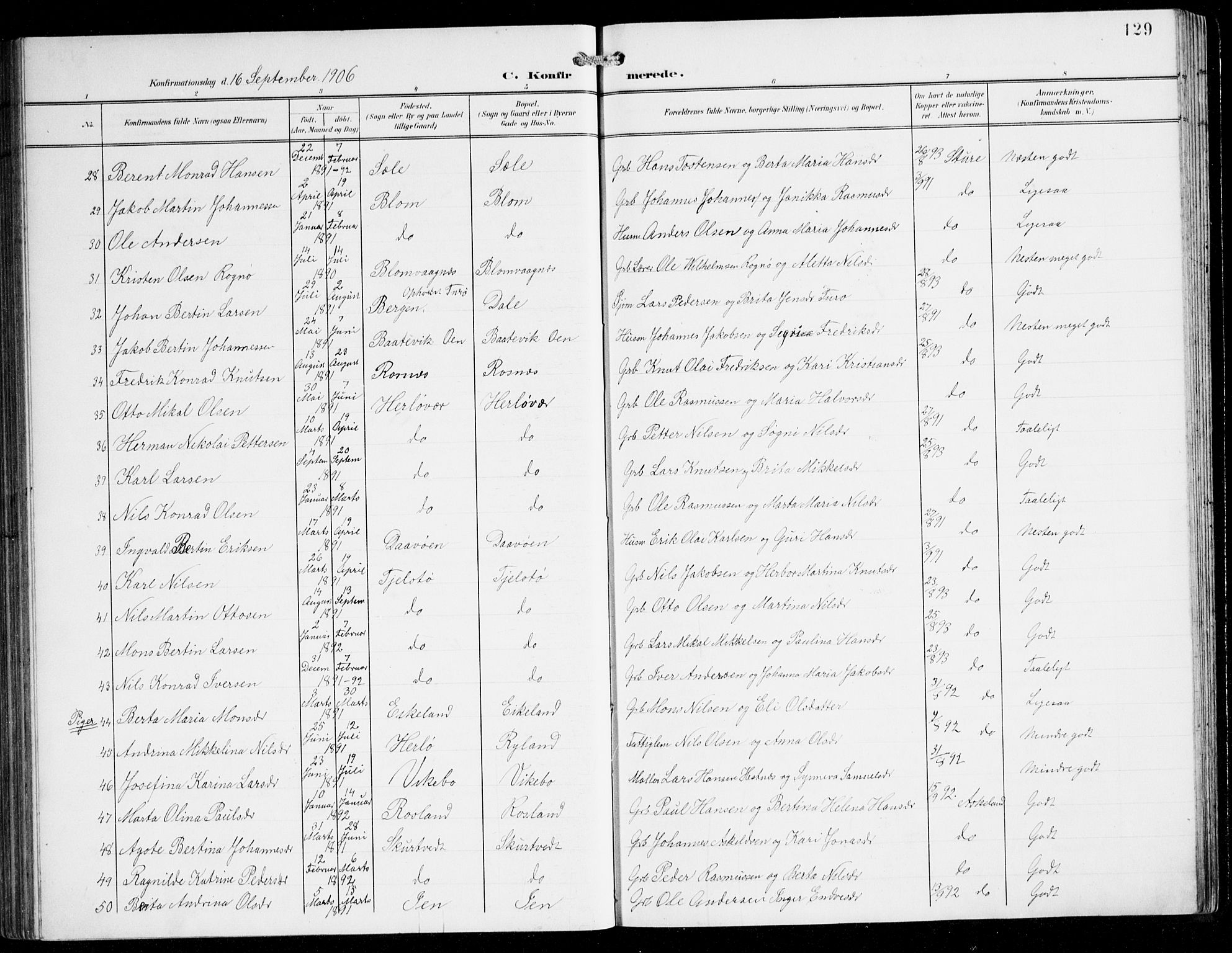 Herdla Sokneprestembete, AV/SAB-A-75701/H/Hab: Parish register (copy) no. C 1, 1900-1913, p. 129