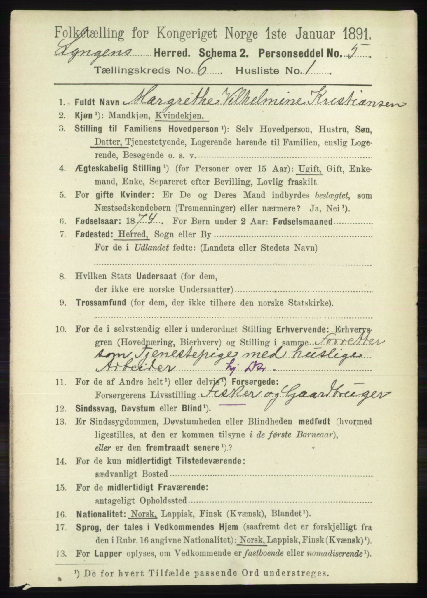 RA, 1891 census for 1938 Lyngen, 1891, p. 5233