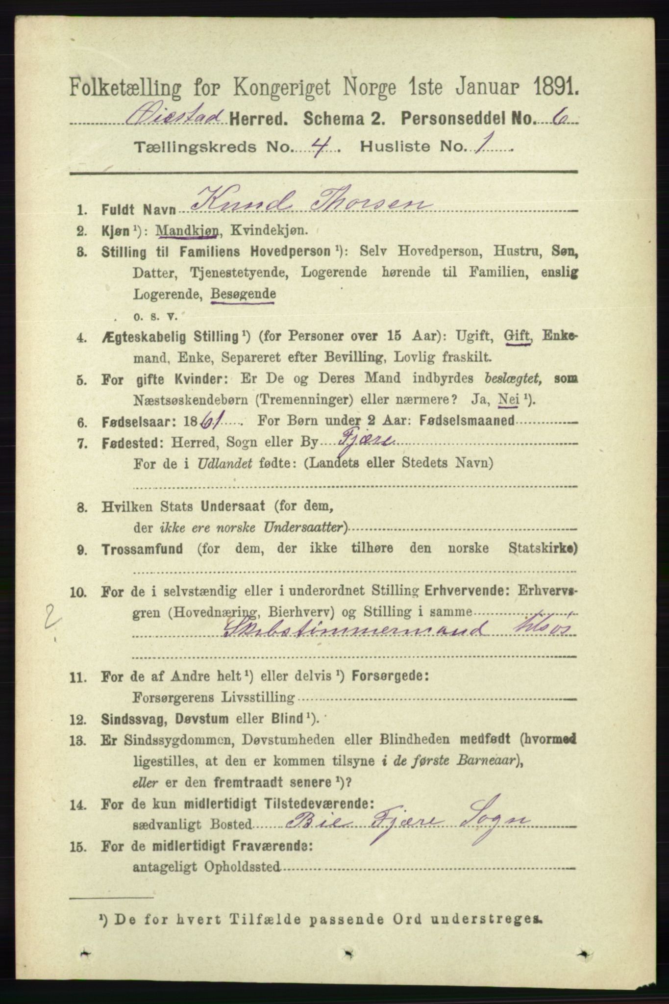 RA, 1891 census for 0920 Øyestad, 1891, p. 1397