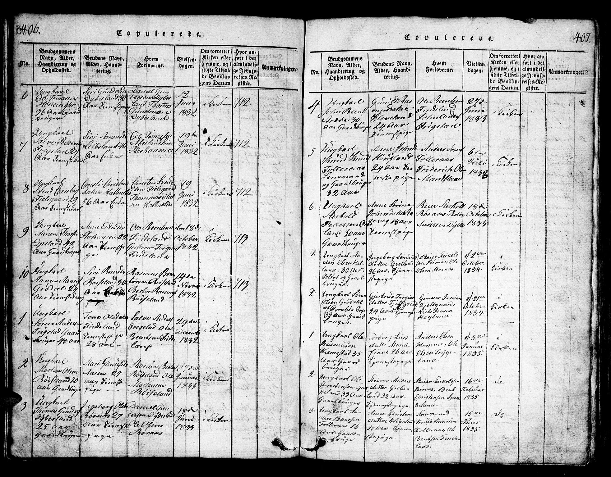 Bjelland sokneprestkontor, AV/SAK-1111-0005/F/Fb/Fbb/L0003: Parish register (copy) no. B 3, 1816-1868, p. 406-407