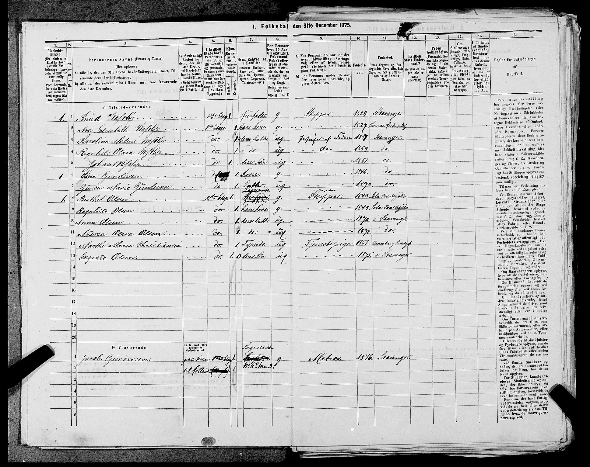 SAST, 1875 census for 1103 Stavanger, 1875, p. 10