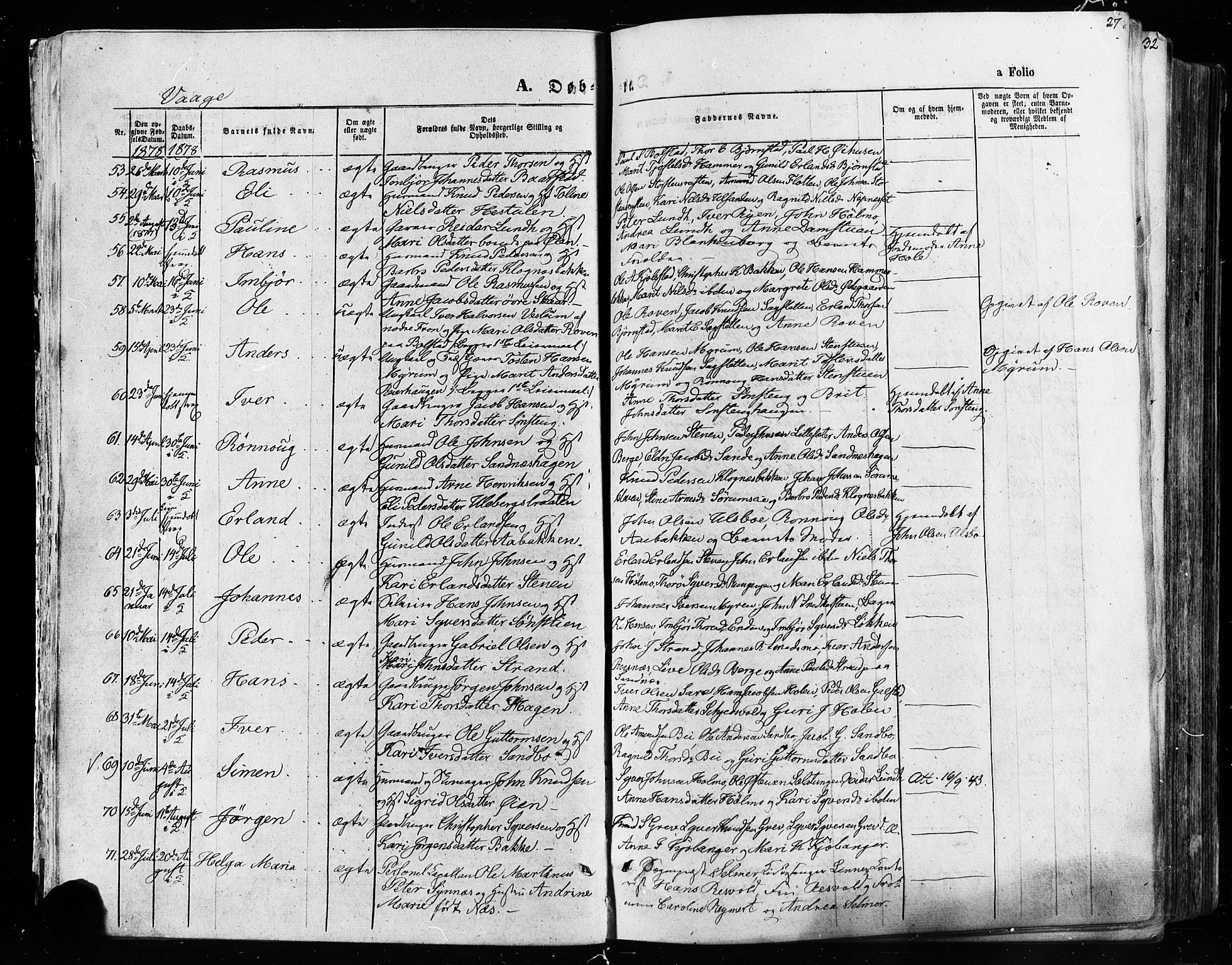 Vågå prestekontor, AV/SAH-PREST-076/H/Ha/Haa/L0007: Parish register (official) no. 7 /1, 1872-1886, p. 27