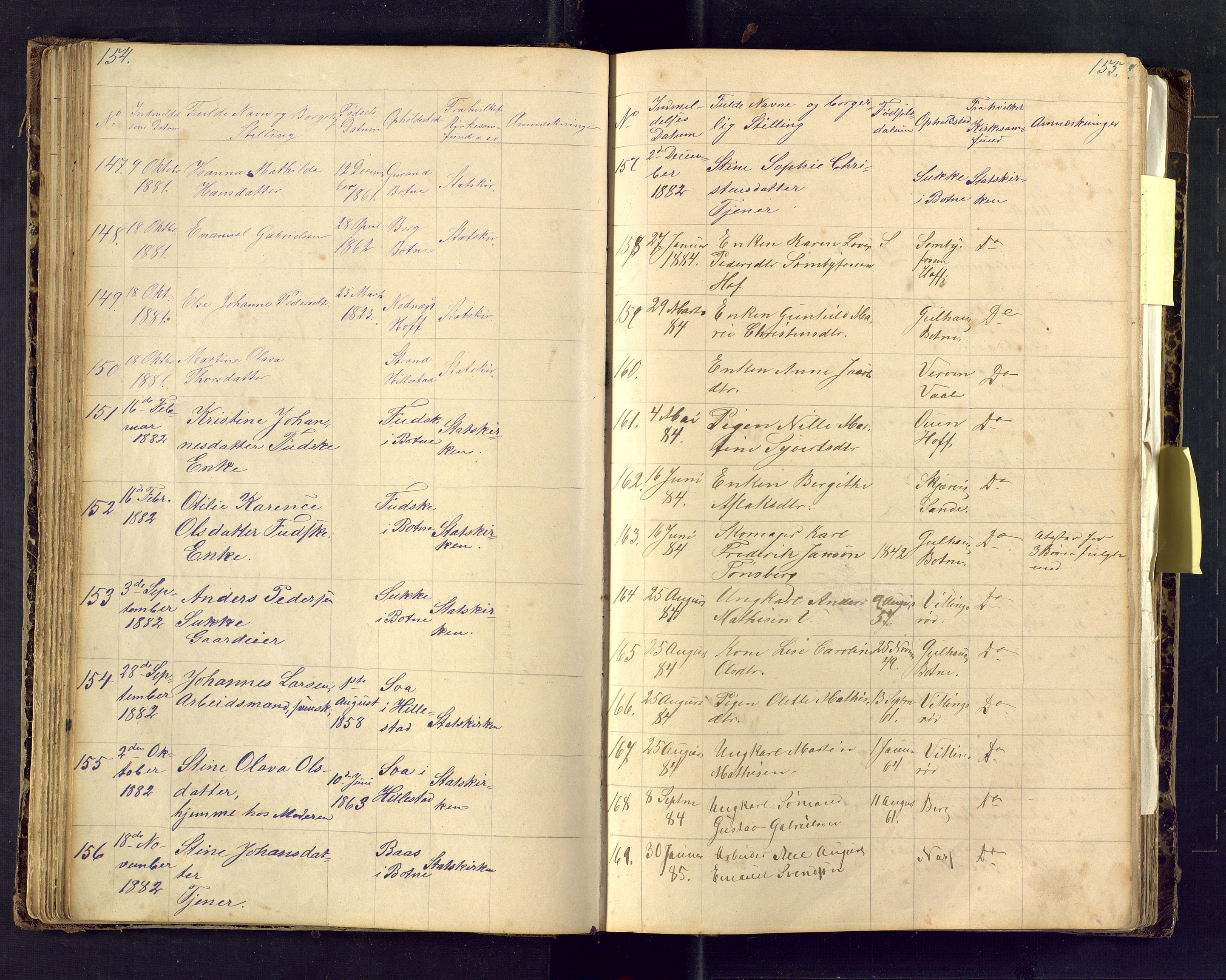 Den evangelisk lutherske frimenighet i Jarlsbergs grevskap med flere steder, SAKO/P-1384/F/Fa/L0001: Dissenter register no. Fa/L0001, 1872-1925, p. 154-155