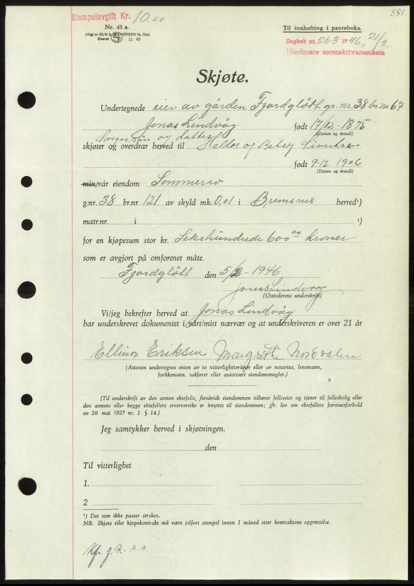 Nordmøre sorenskriveri, AV/SAT-A-4132/1/2/2Ca: Mortgage book no. B93b, 1946-1946, Diary no: : 263/1946