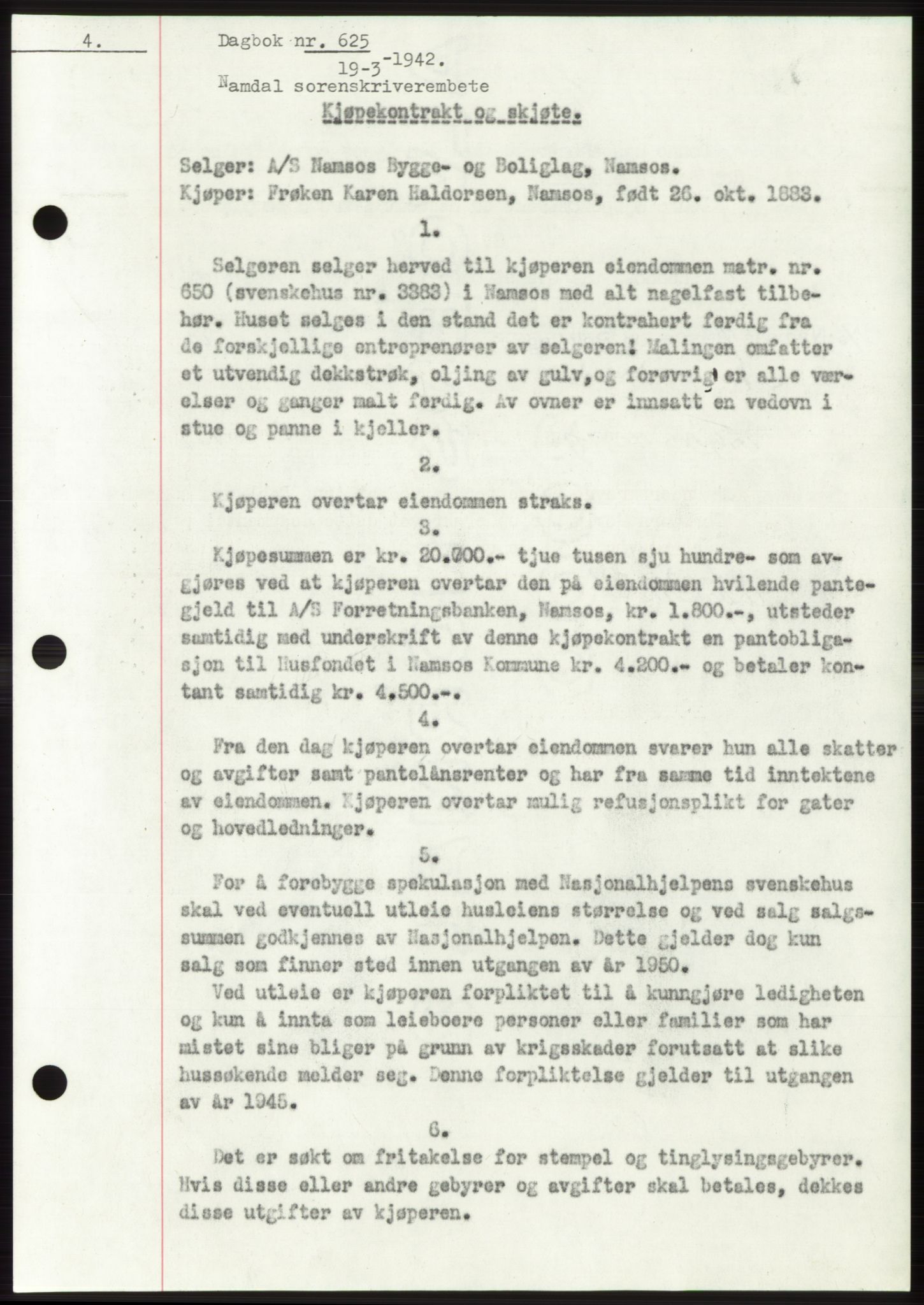 Namdal sorenskriveri, SAT/A-4133/1/2/2C: Mortgage book no. -, 1941-1942, Diary no: : 625/1942