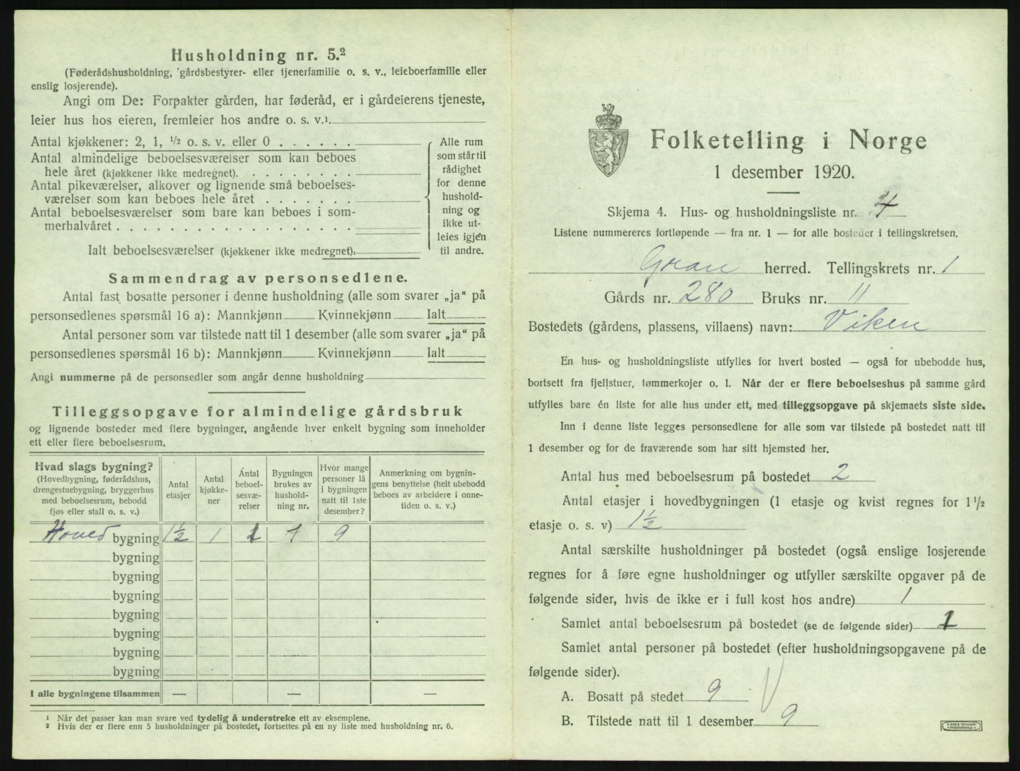 SAH, 1920 census for Gran, 1920, p. 54