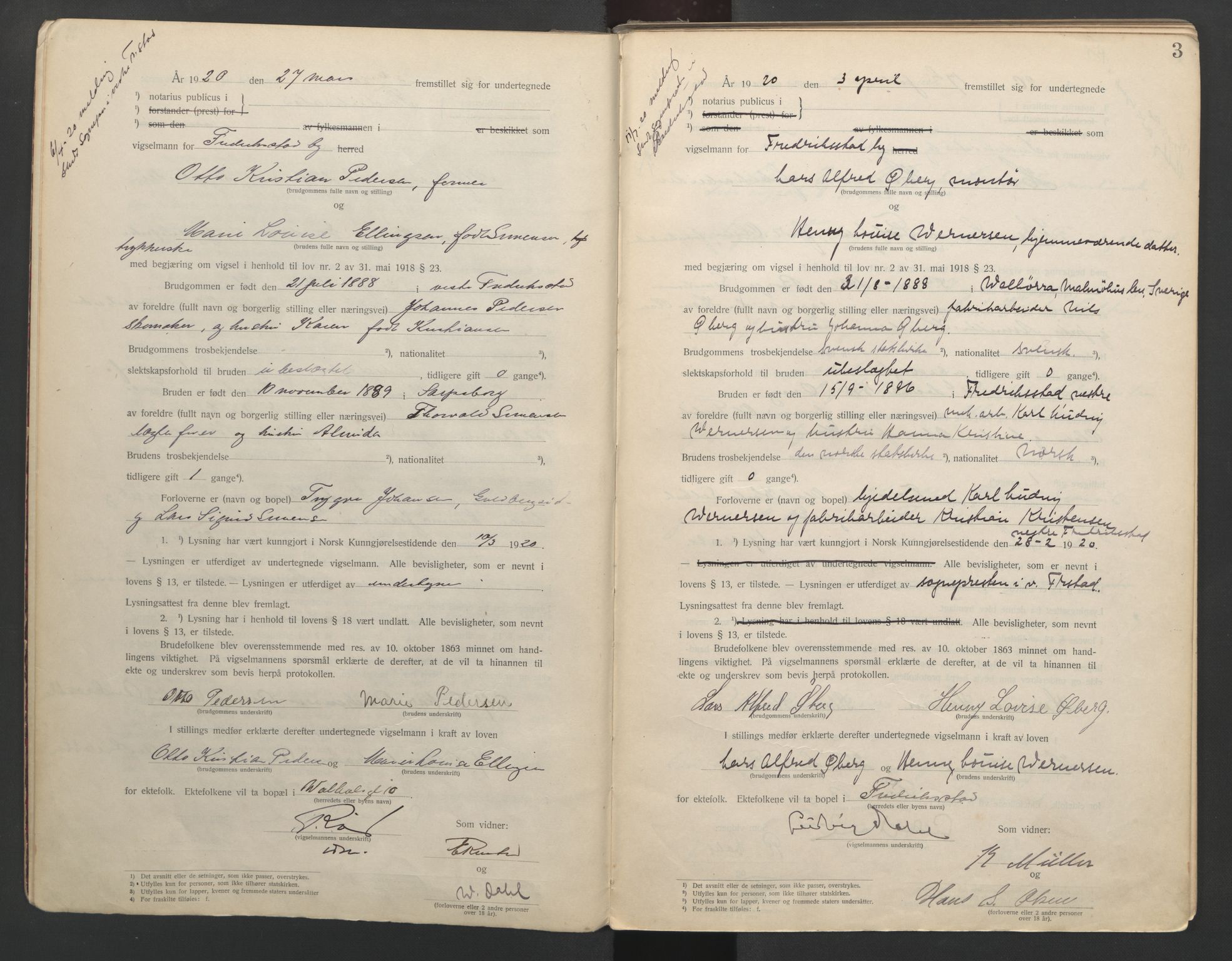 Fredrikstad byfogd, AV/SAO-A-10473a/L/Lc/L0001: Vigselsbok, 1920-1937, p. 3