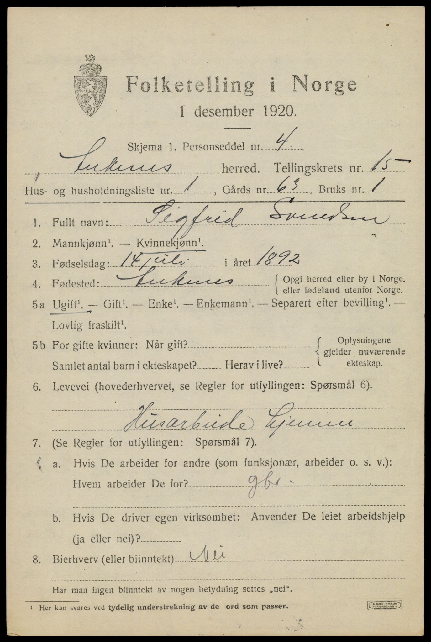 SAT, 1920 census for Ankenes, 1920, p. 7017