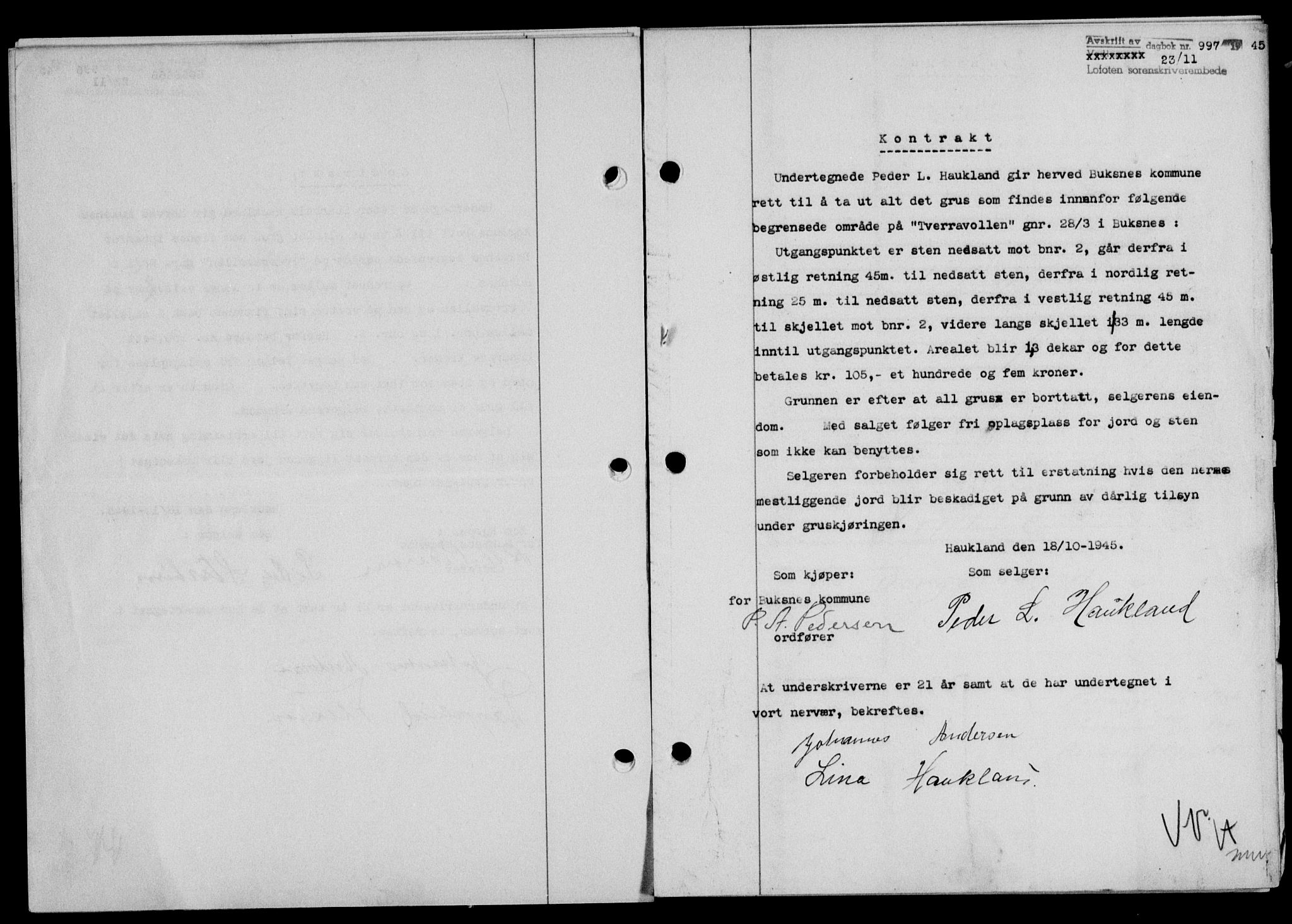 Lofoten sorenskriveri, SAT/A-0017/1/2/2C/L0013a: Mortgage book no. 13a, 1944-1946, Diary no: : 997/1945