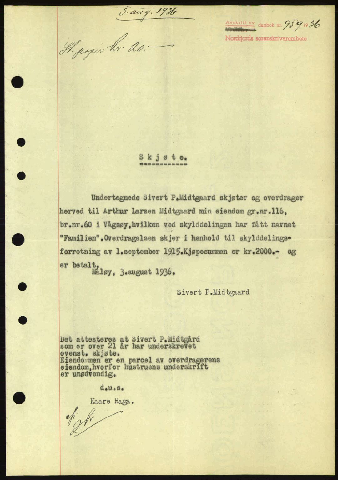 Nordfjord sorenskriveri, AV/SAB-A-2801/02/02b/02bj/L0001: Mortgage book no. A1, 1936-1937, Diary no: : 959/1936