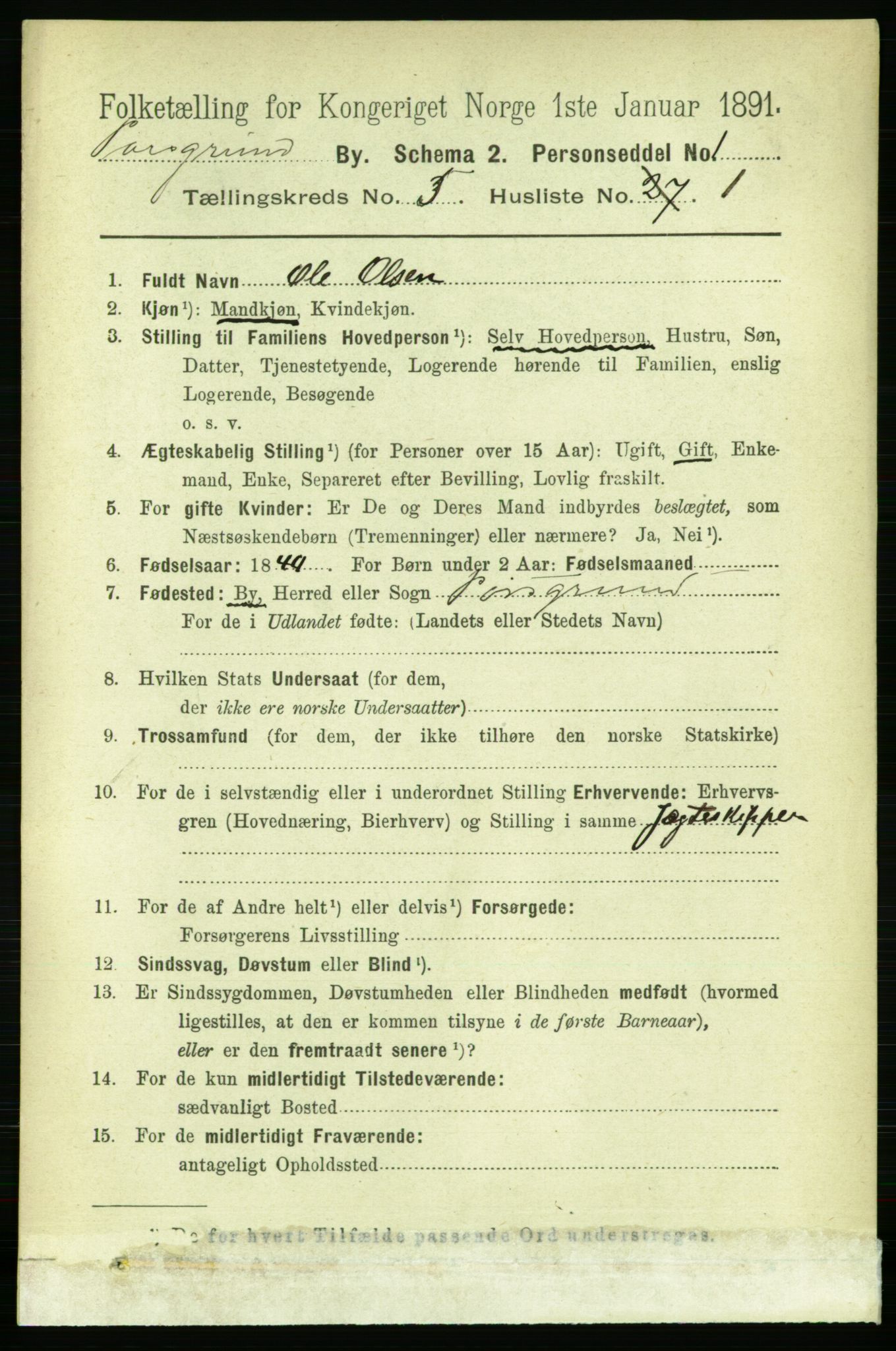 RA, 1891 census for 0805 Porsgrunn, 1891, p. 4447