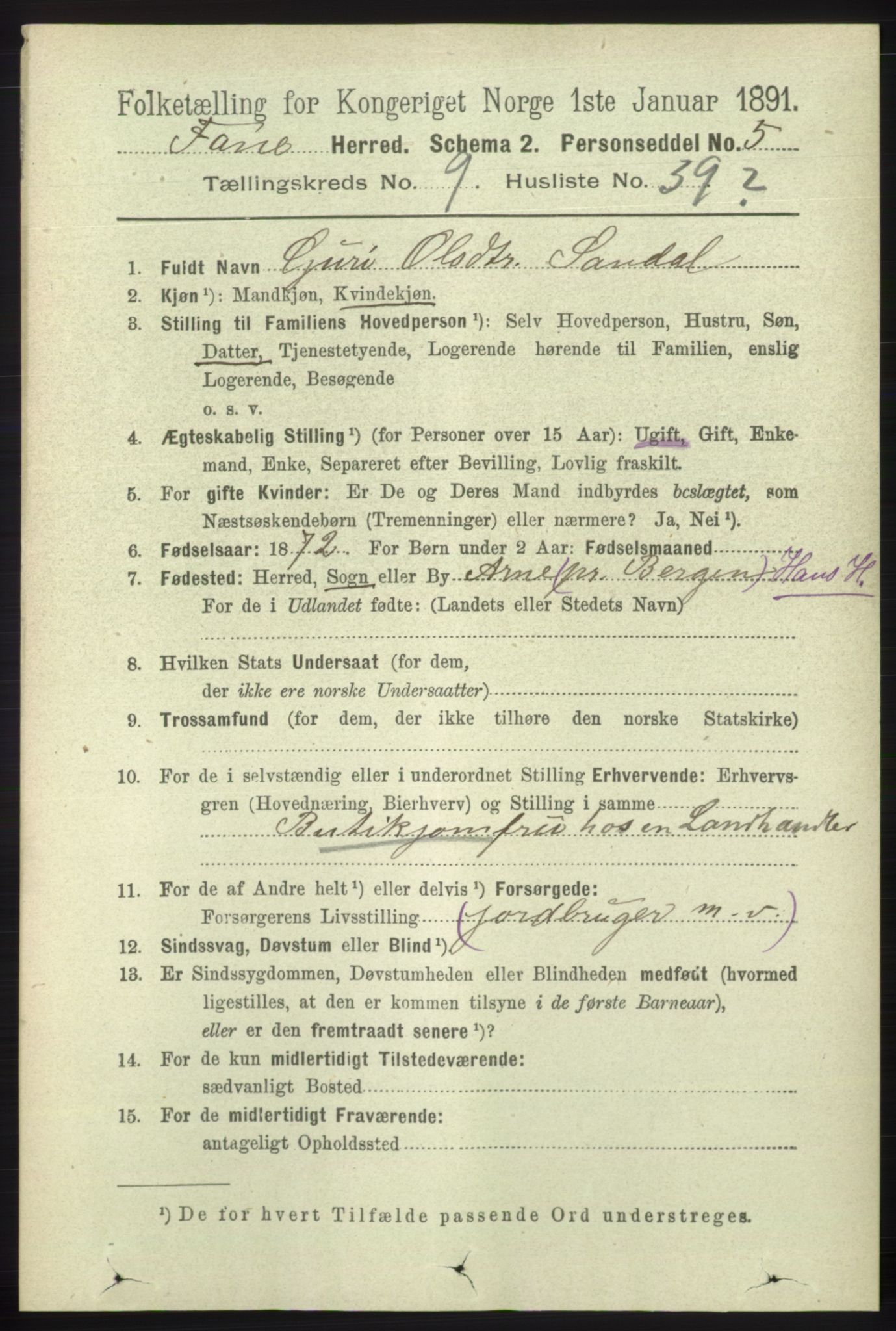 RA, 1891 census for 1249 Fana, 1891, p. 5090