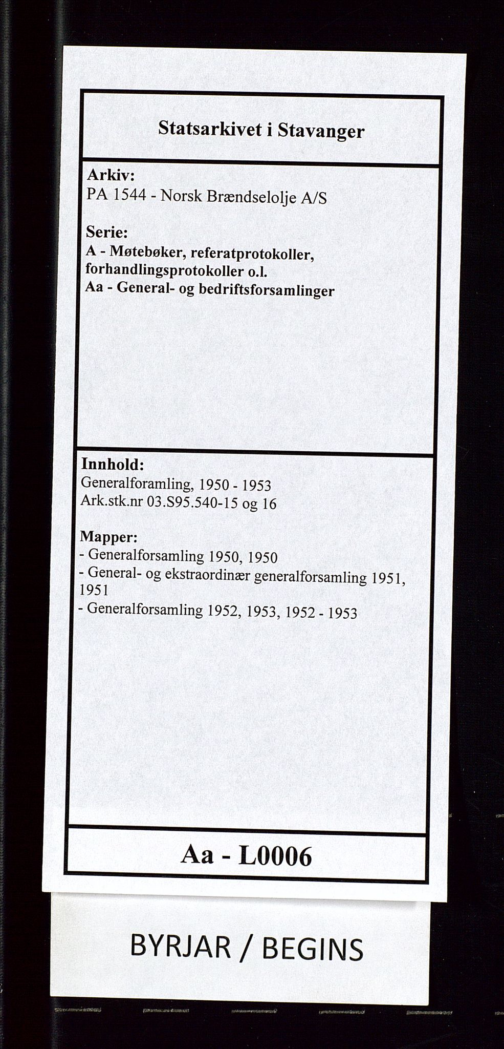 PA 1544 - Norsk Brændselolje A/S, AV/SAST-A-101965/1/A/Aa/L0006/0002: Generalforamling / General- og ekstraordinær generalforsamling 1951, 1951, p. 1