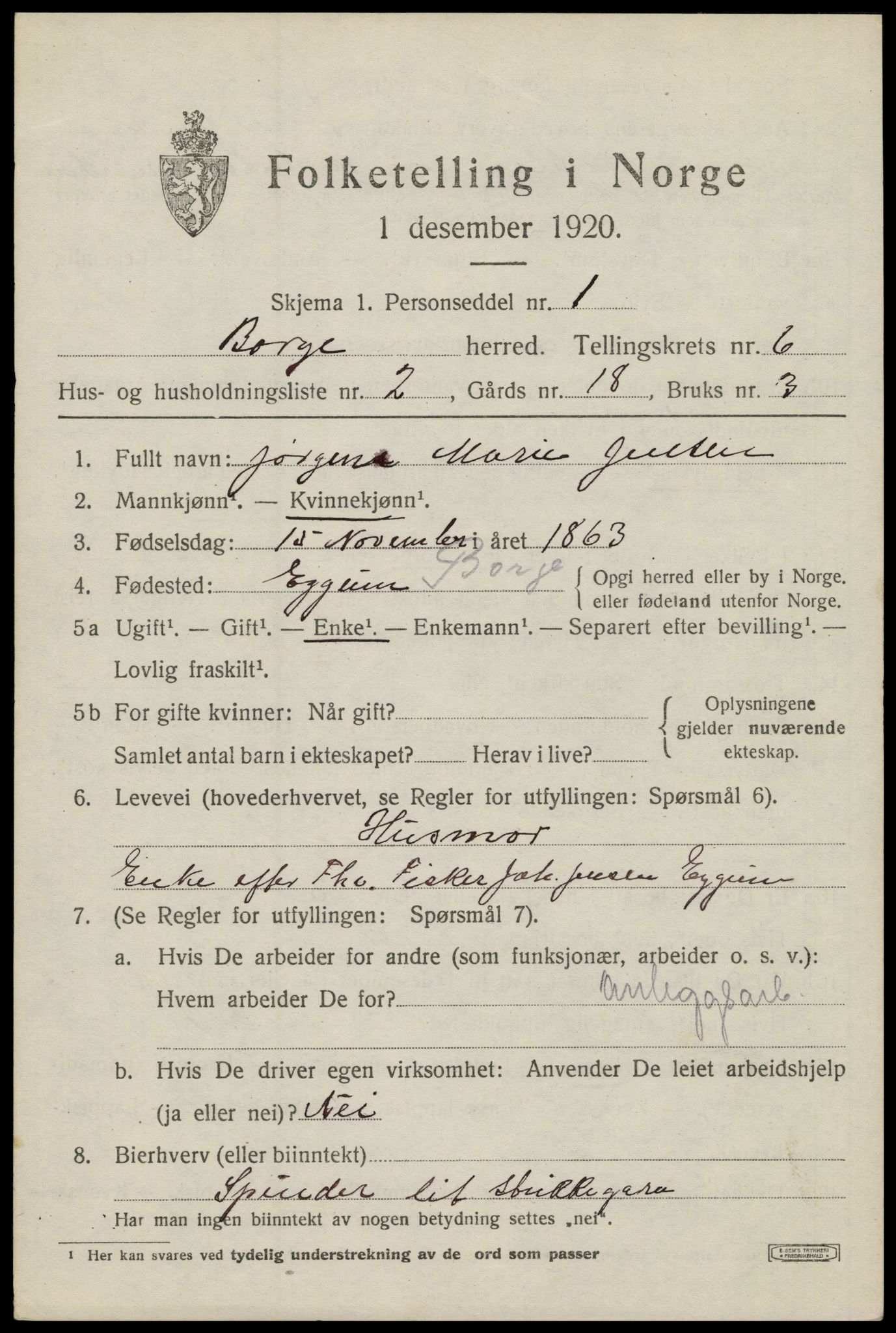 SAT, 1920 census for Borge, 1920, p. 5695