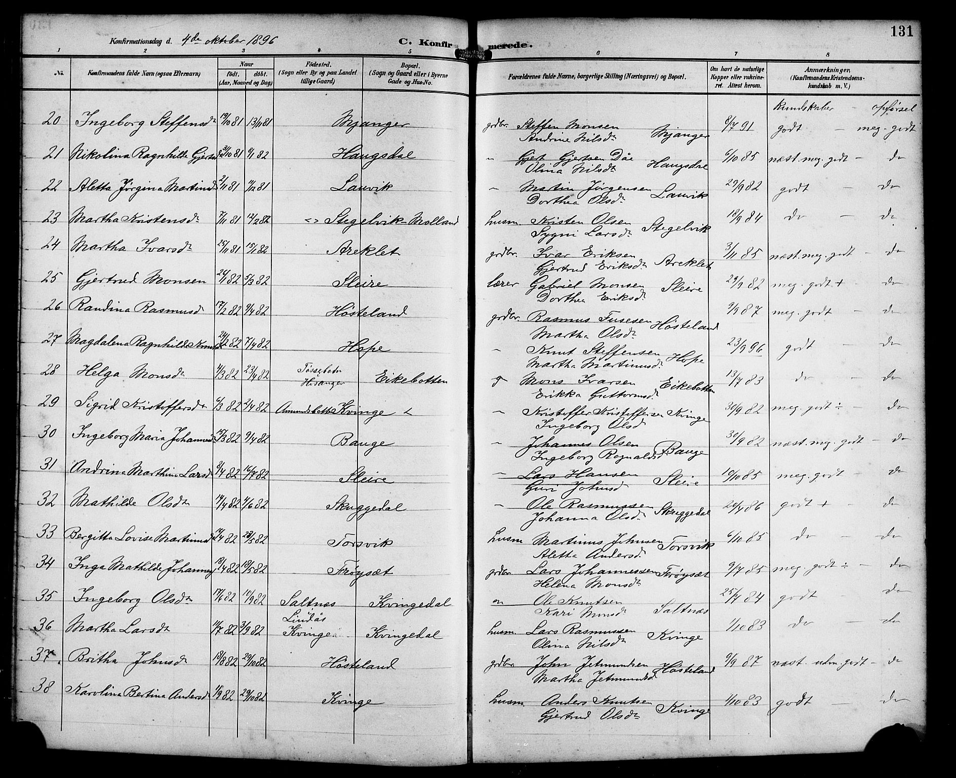 Masfjorden Sokneprestembete, AV/SAB-A-77001: Parish register (copy) no. B 1, 1892-1913, p. 131