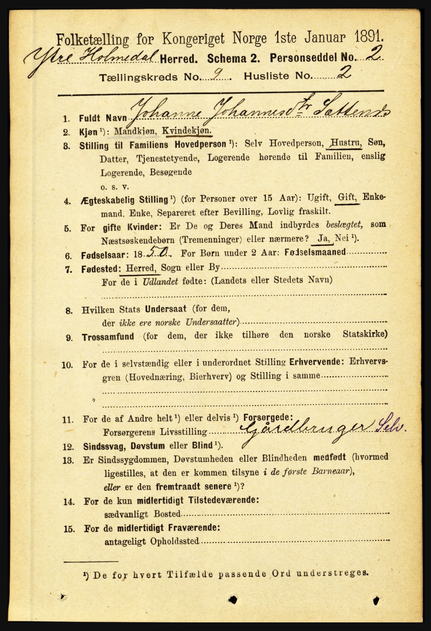 RA, 1891 census for 1429 Ytre Holmedal, 1891, p. 2047