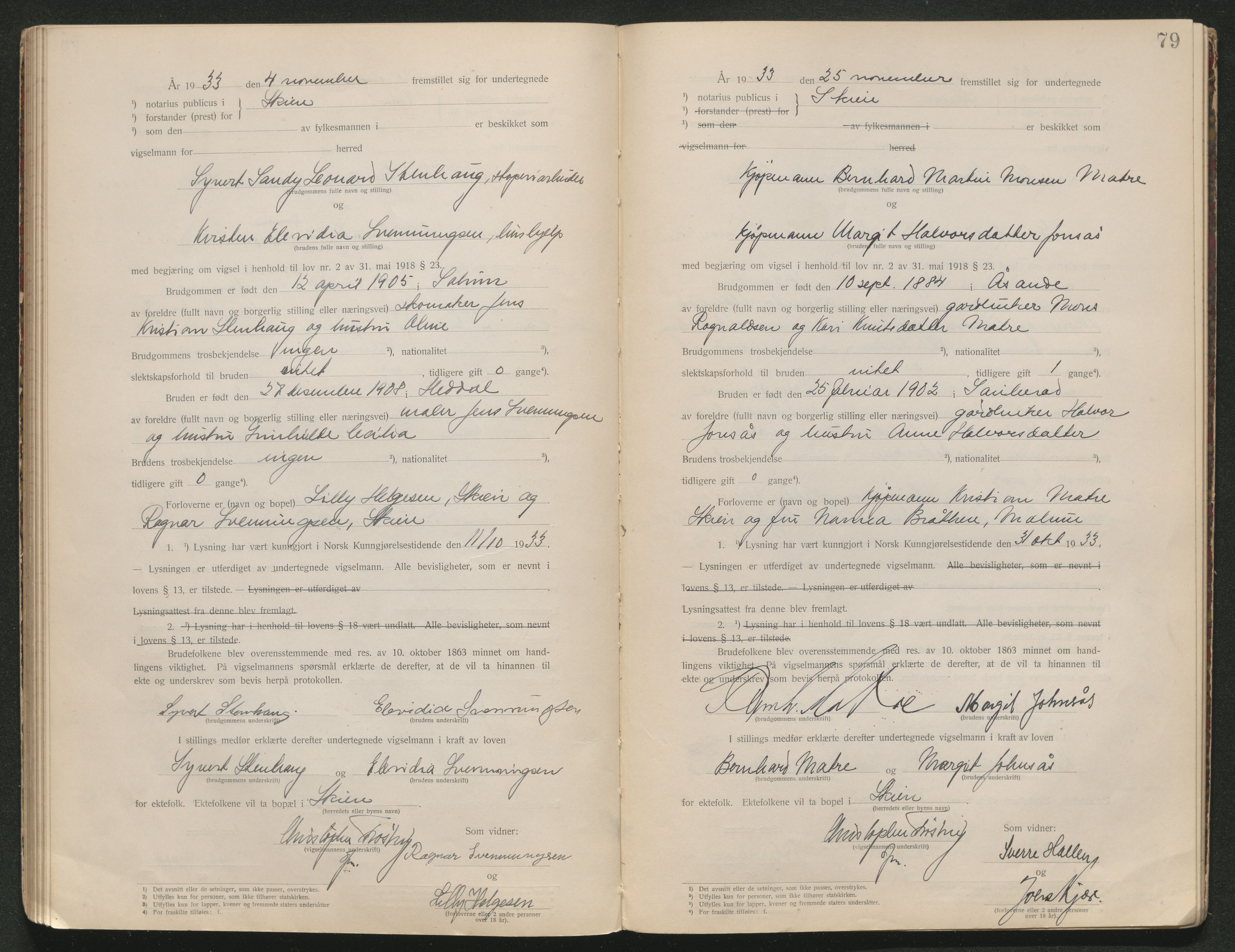 Skien sorenskriveri, AV/SAKO-A-225/L/La/L0001: Vigselsprotokoll, 1920-1947, p. 79