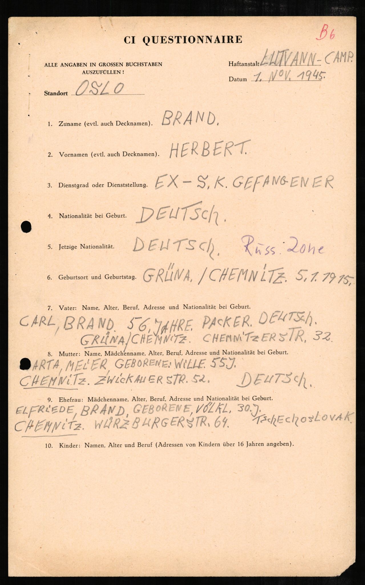 Forsvaret, Forsvarets overkommando II, AV/RA-RAFA-3915/D/Db/L0004: CI Questionaires. Tyske okkupasjonsstyrker i Norge. Tyskere., 1945-1946, p. 65