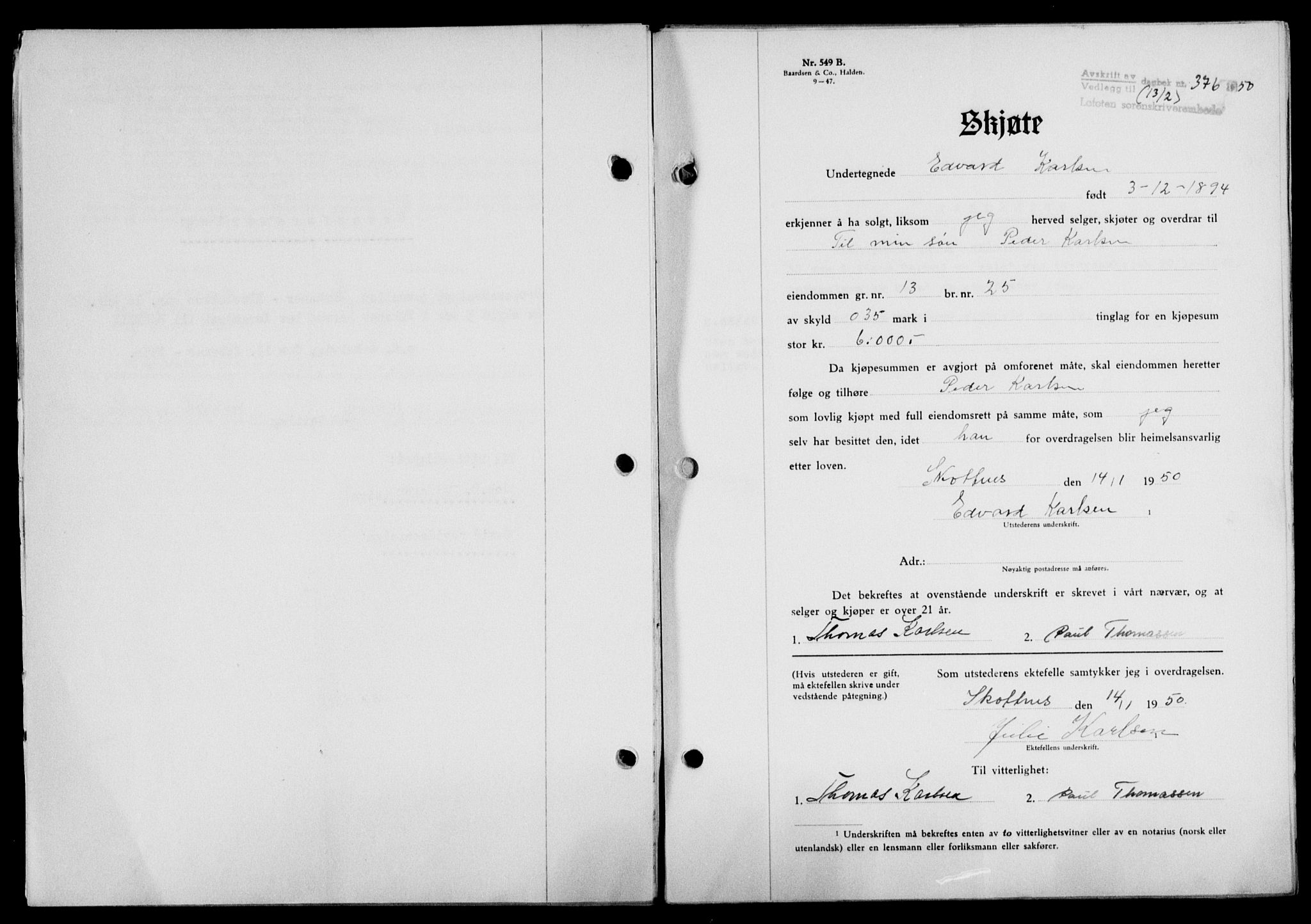 Lofoten sorenskriveri, SAT/A-0017/1/2/2C/L0023a: Mortgage book no. 23a, 1950-1950, Diary no: : 376/1950