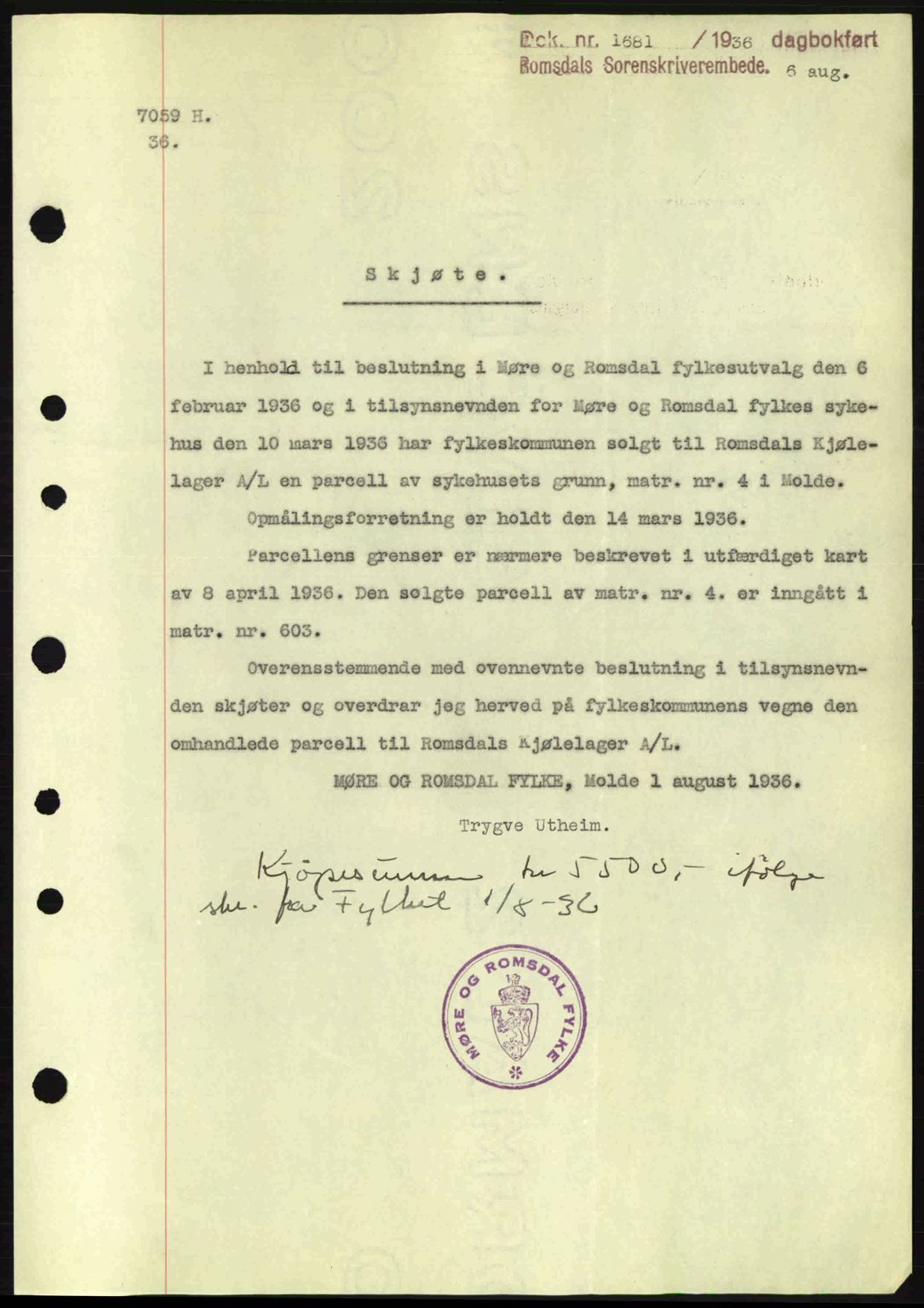 Romsdal sorenskriveri, AV/SAT-A-4149/1/2/2C: Mortgage book no. A1, 1936-1936, Diary no: : 1681/1936