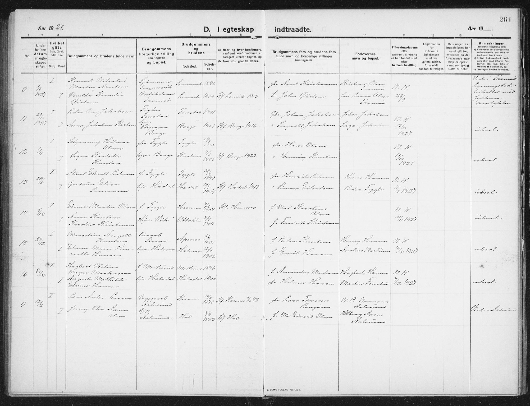 Ministerialprotokoller, klokkerbøker og fødselsregistre - Nordland, AV/SAT-A-1459/882/L1183: Parish register (copy) no. 882C01, 1911-1938, p. 261