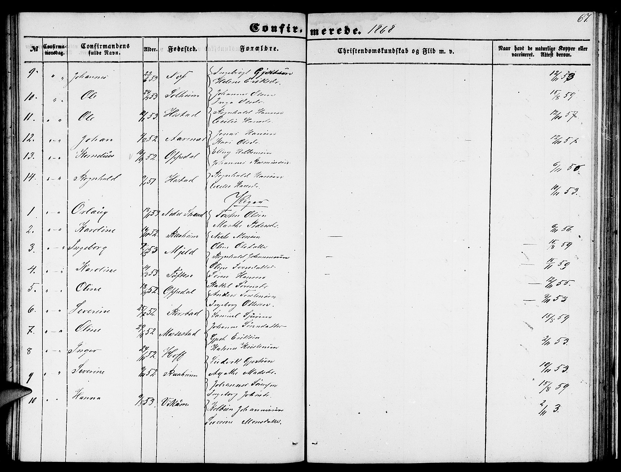 Gaular sokneprestembete, SAB/A-80001/H/Hab: Parish register (copy) no. C 1, 1853-1877, p. 67