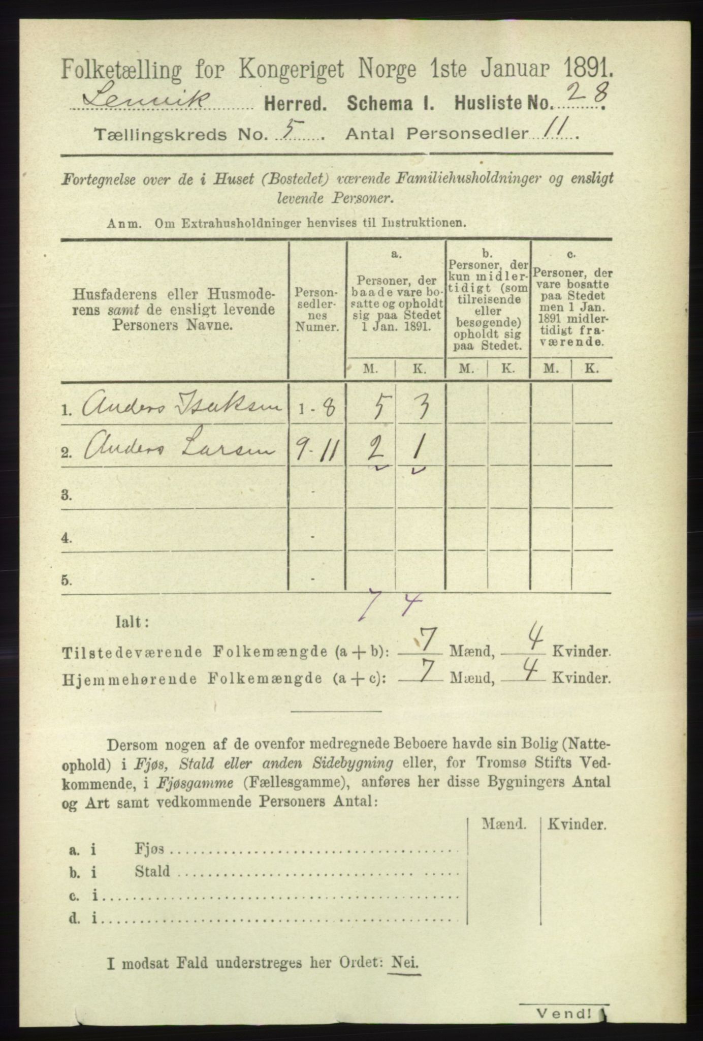 RA, 1891 census for 1931 Lenvik, 1891, p. 2487