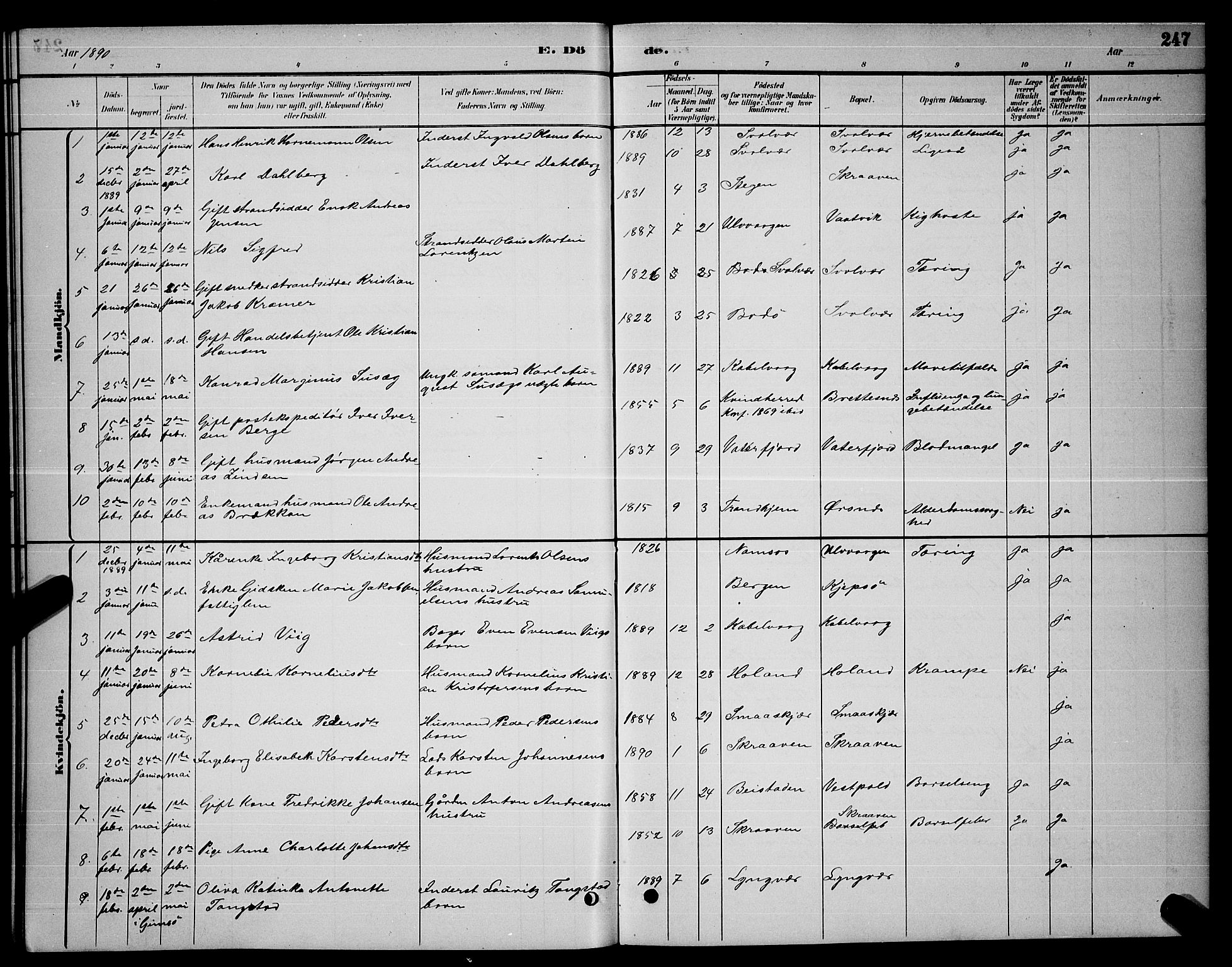 Ministerialprotokoller, klokkerbøker og fødselsregistre - Nordland, AV/SAT-A-1459/874/L1076: Parish register (copy) no. 874C05, 1884-1890, p. 247