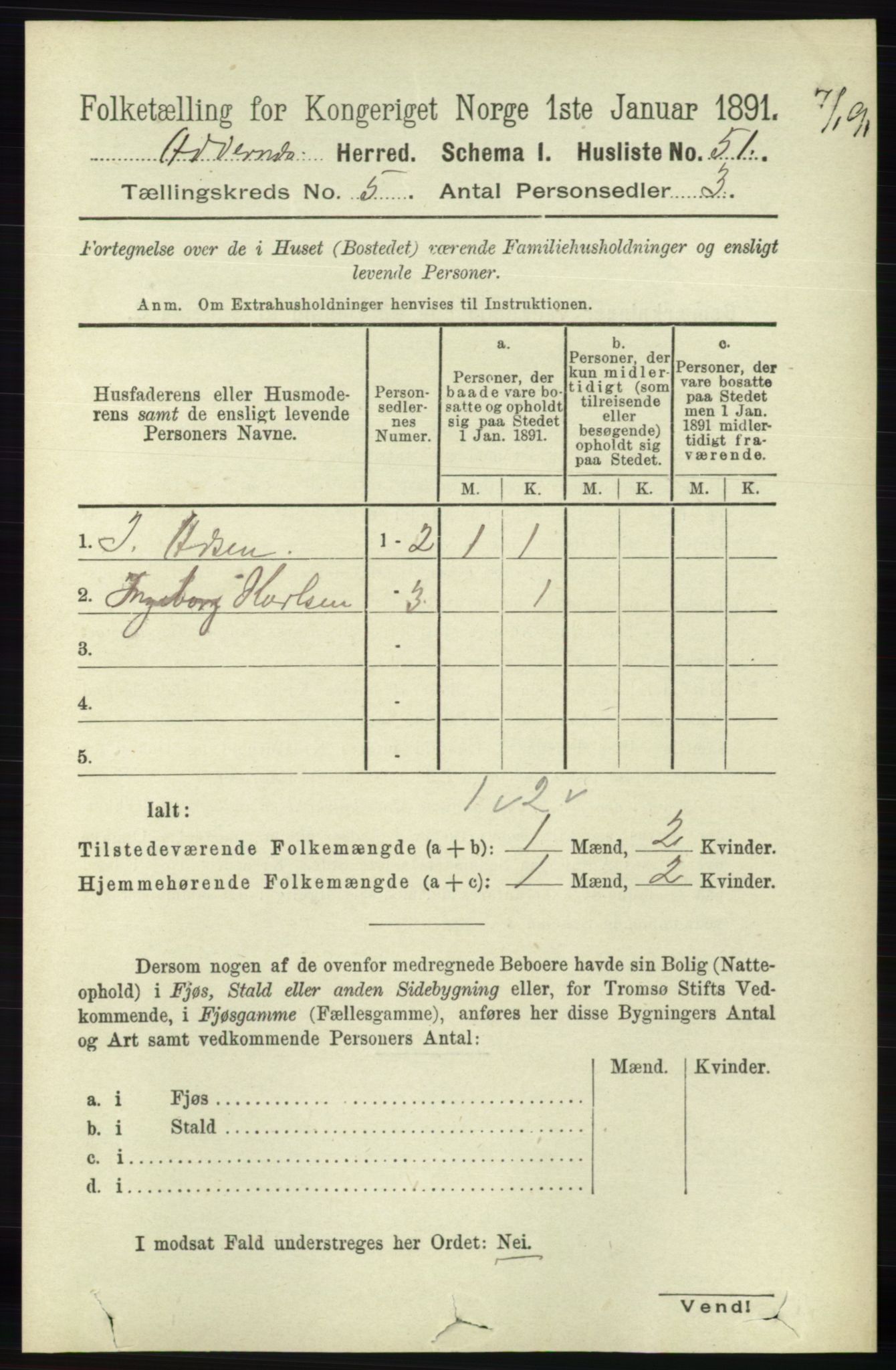 RA, 1891 census for 1012 Oddernes, 1891, p. 1761