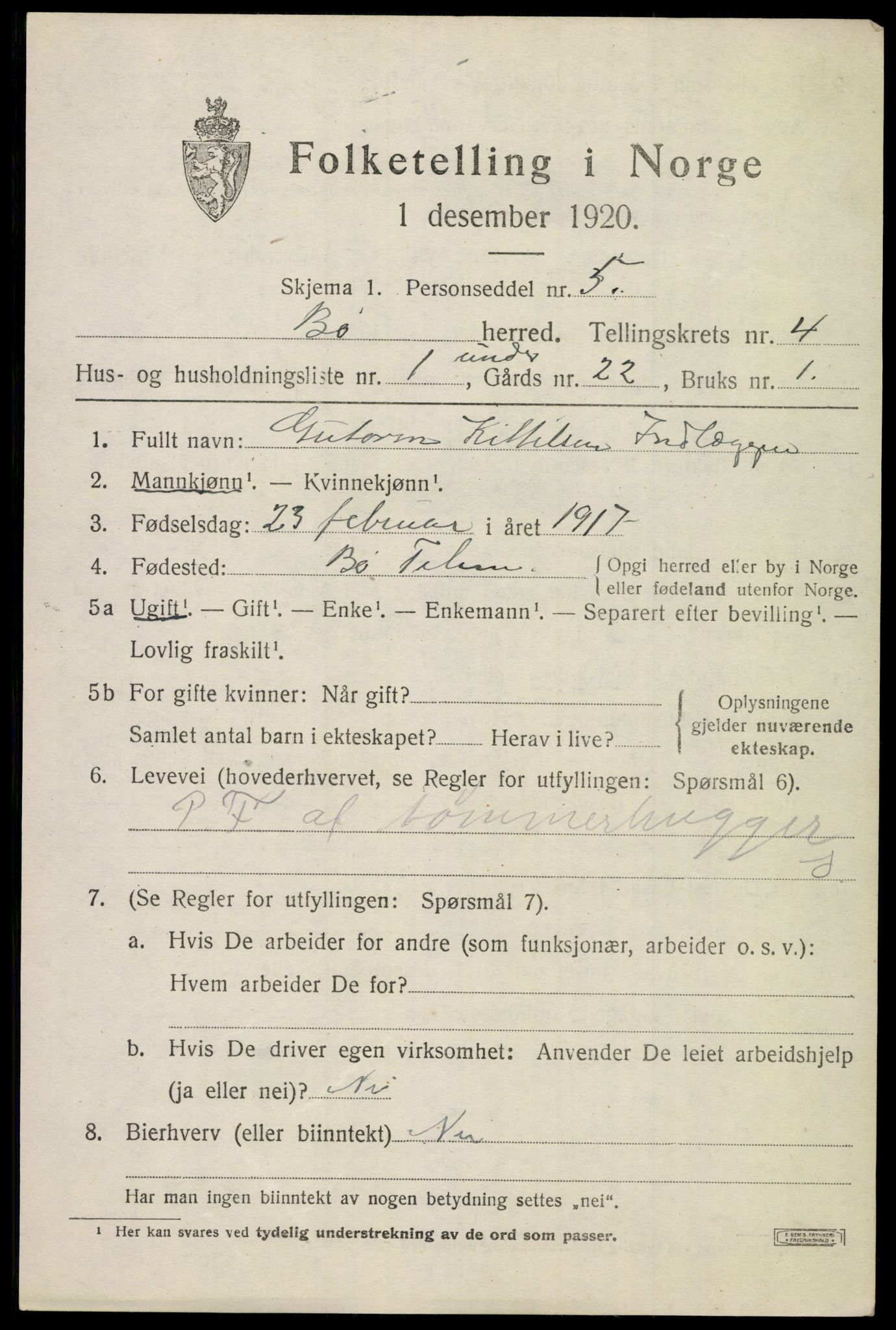 SAKO, 1920 census for Bø (Telemark), 1920, p. 3202