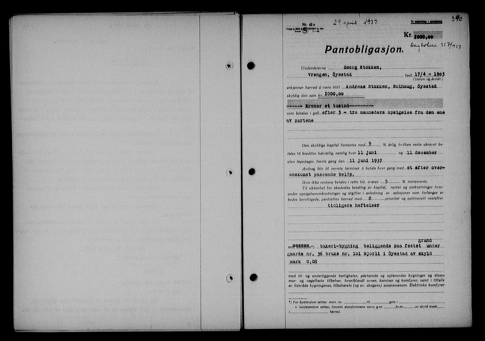 Nedenes sorenskriveri, SAK/1221-0006/G/Gb/Gba/L0043: Mortgage book no. 39, 1936-1937, Diary no: : 357/1937