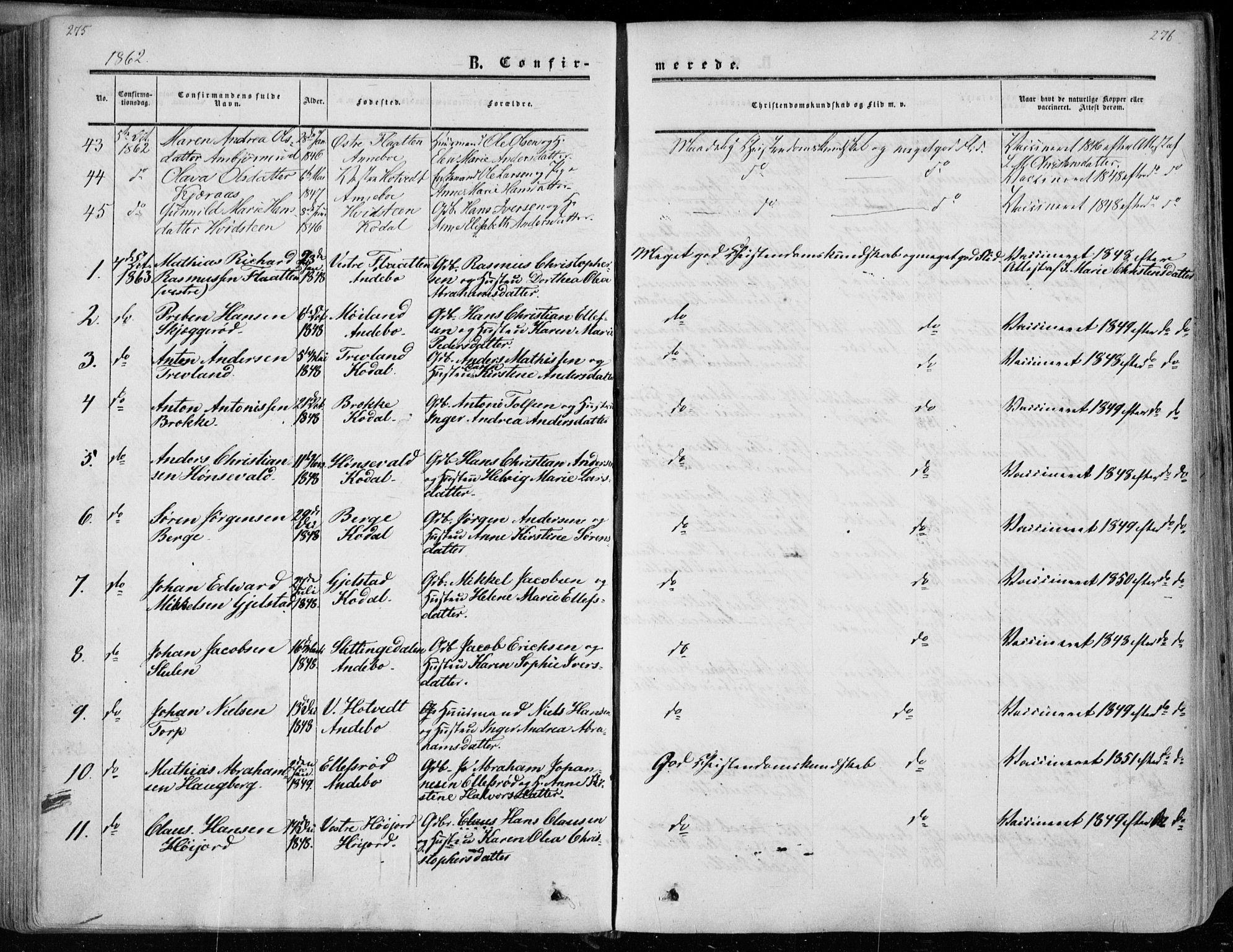 Andebu kirkebøker, AV/SAKO-A-336/F/Fa/L0005: Parish register (official) no. 5, 1857-1870, p. 275-276