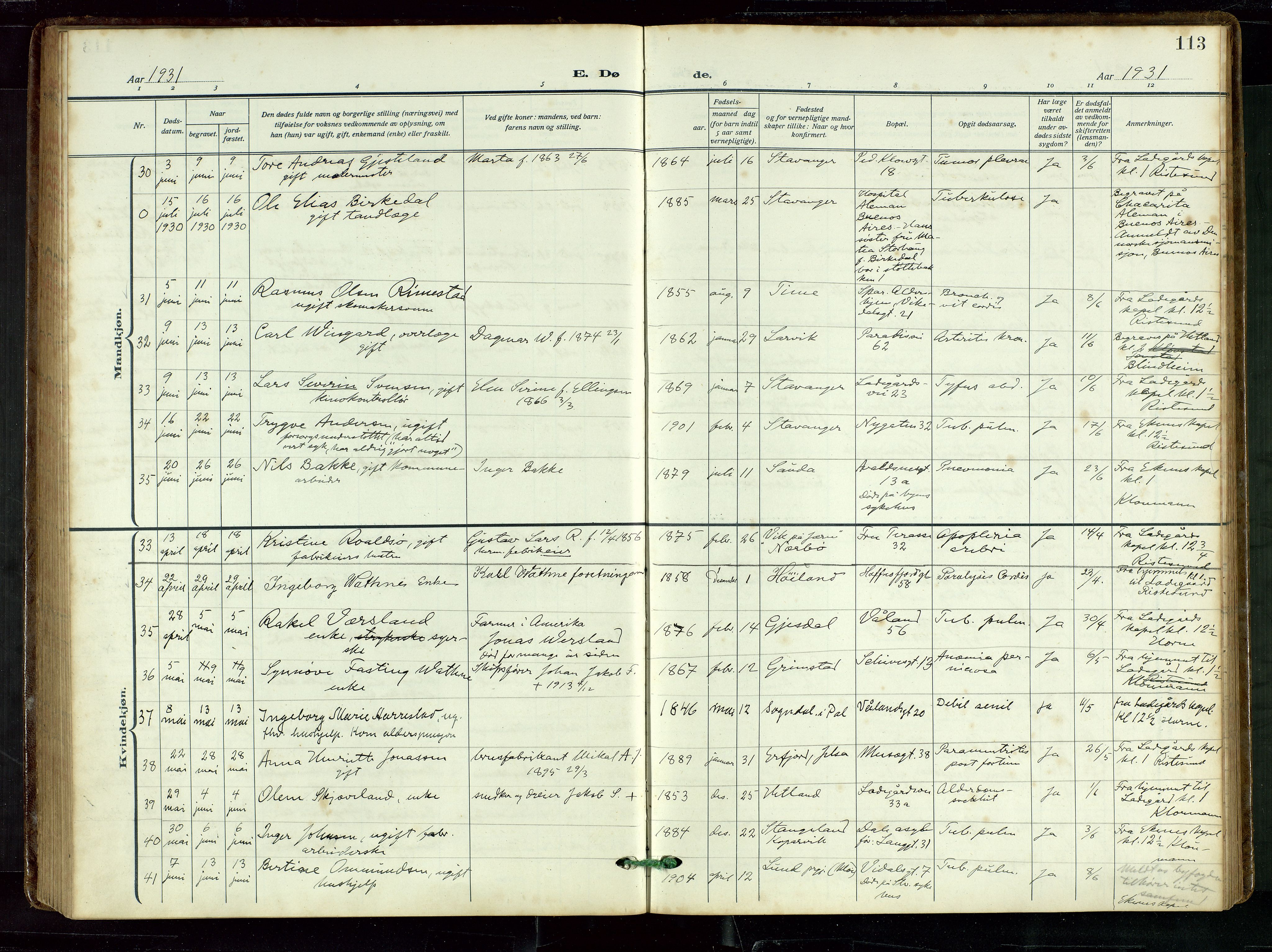 St. Petri sokneprestkontor, AV/SAST-A-101813/002/D/L0003: Parish register (official) no. A 28, 1919-1938, p. 113