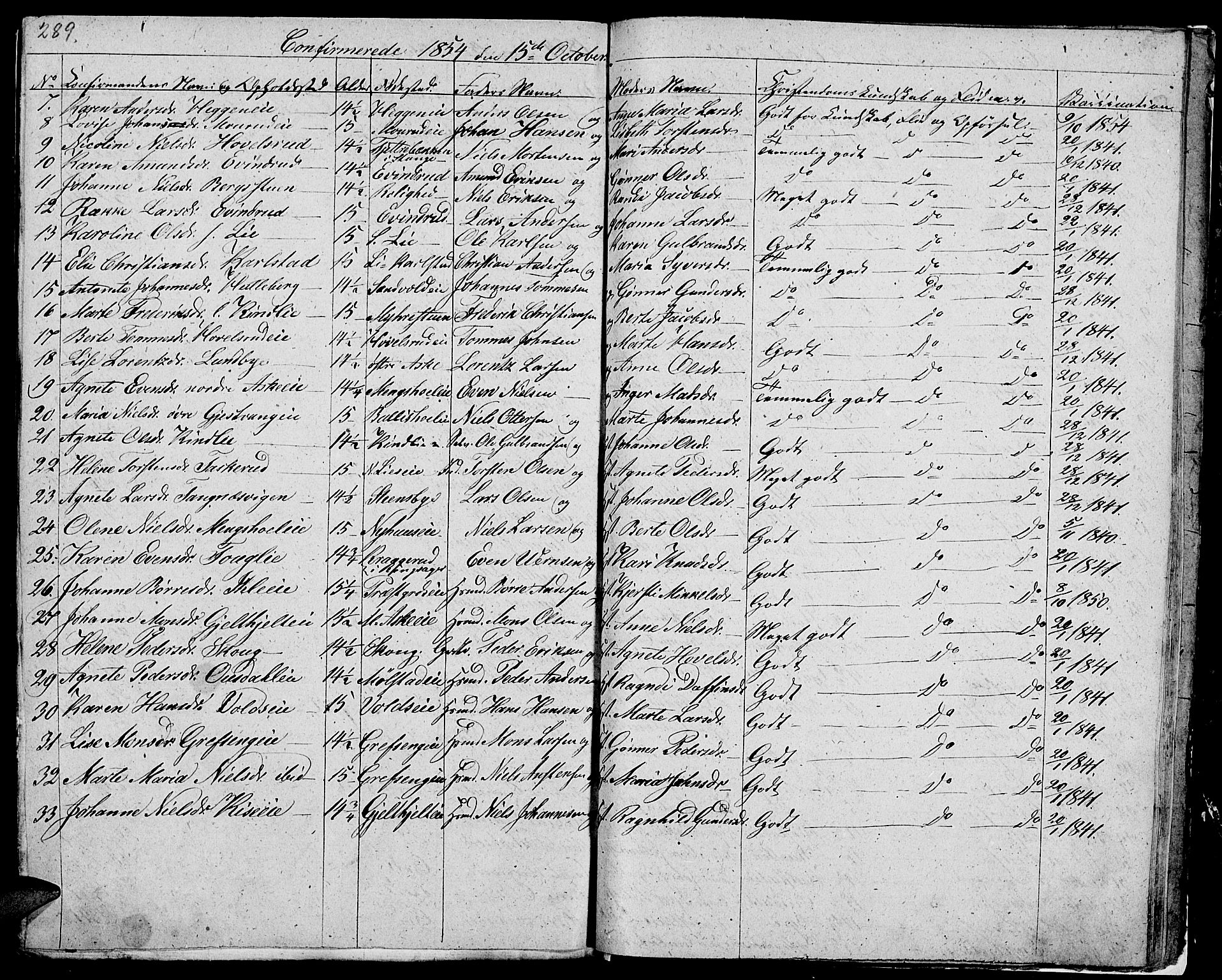 Nes prestekontor, Hedmark, AV/SAH-PREST-020/L/La/L0004: Parish register (copy) no. 4, 1832-1861, p. 289