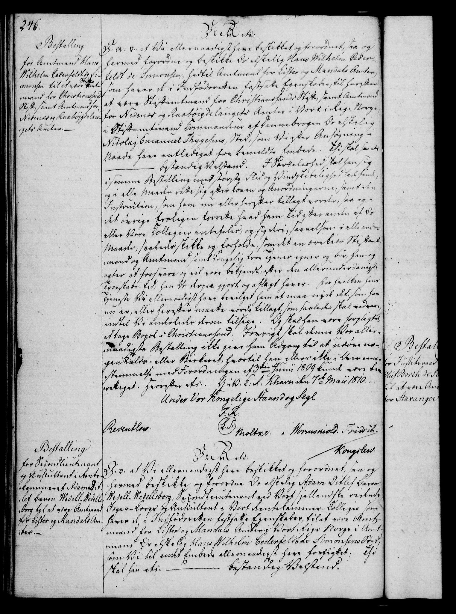 Rentekammeret, Kammerkanselliet, RA/EA-3111/G/Gg/Gge/L0006: Norsk bestallingsprotokoll med register (merket RK 53.30), 1773-1814, p. 246