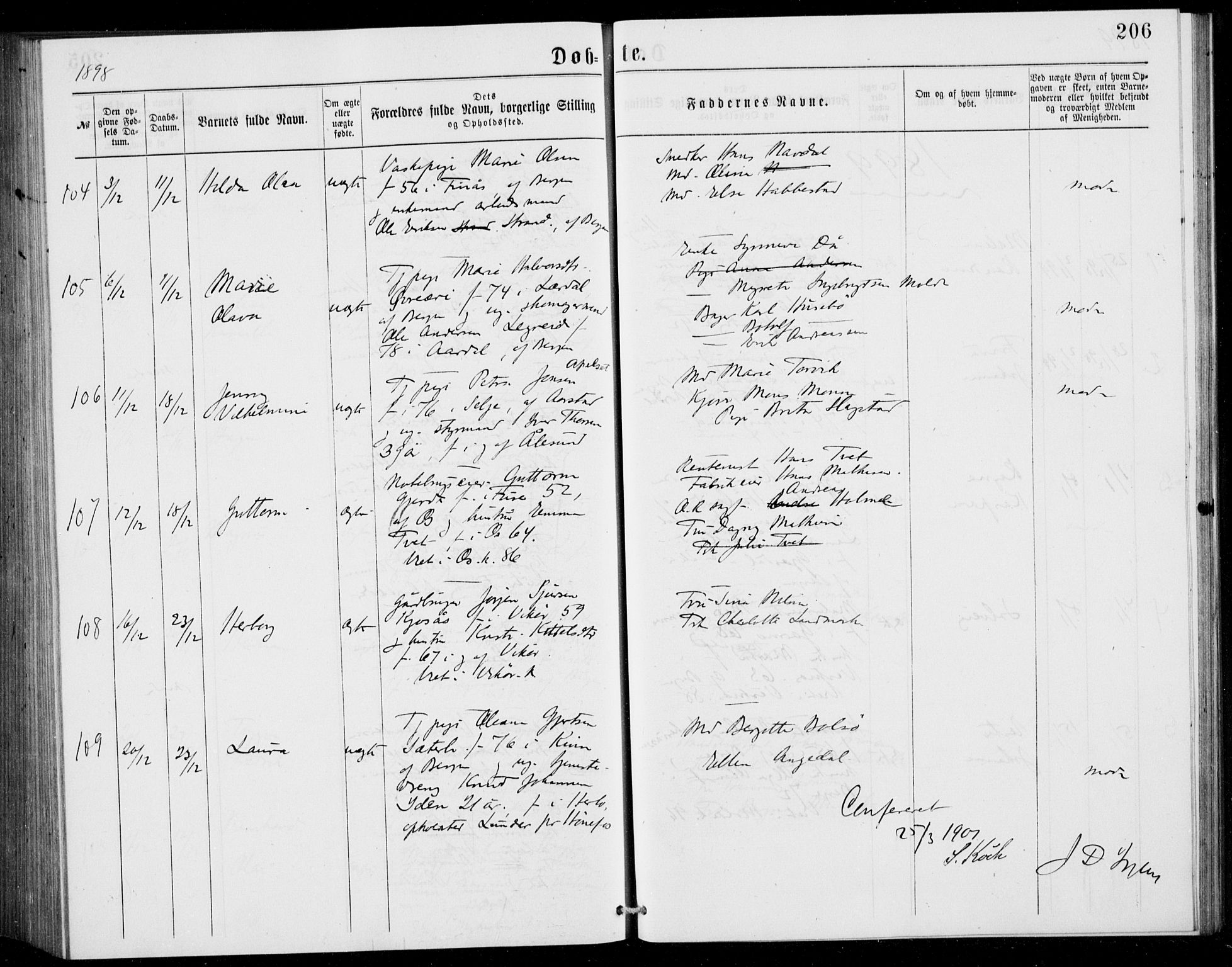 Fødselsstiftelsens sokneprestembete, ført av overlegen*, SAB/-: Parish register (official) no. A 2, 1884-1900, p. 206