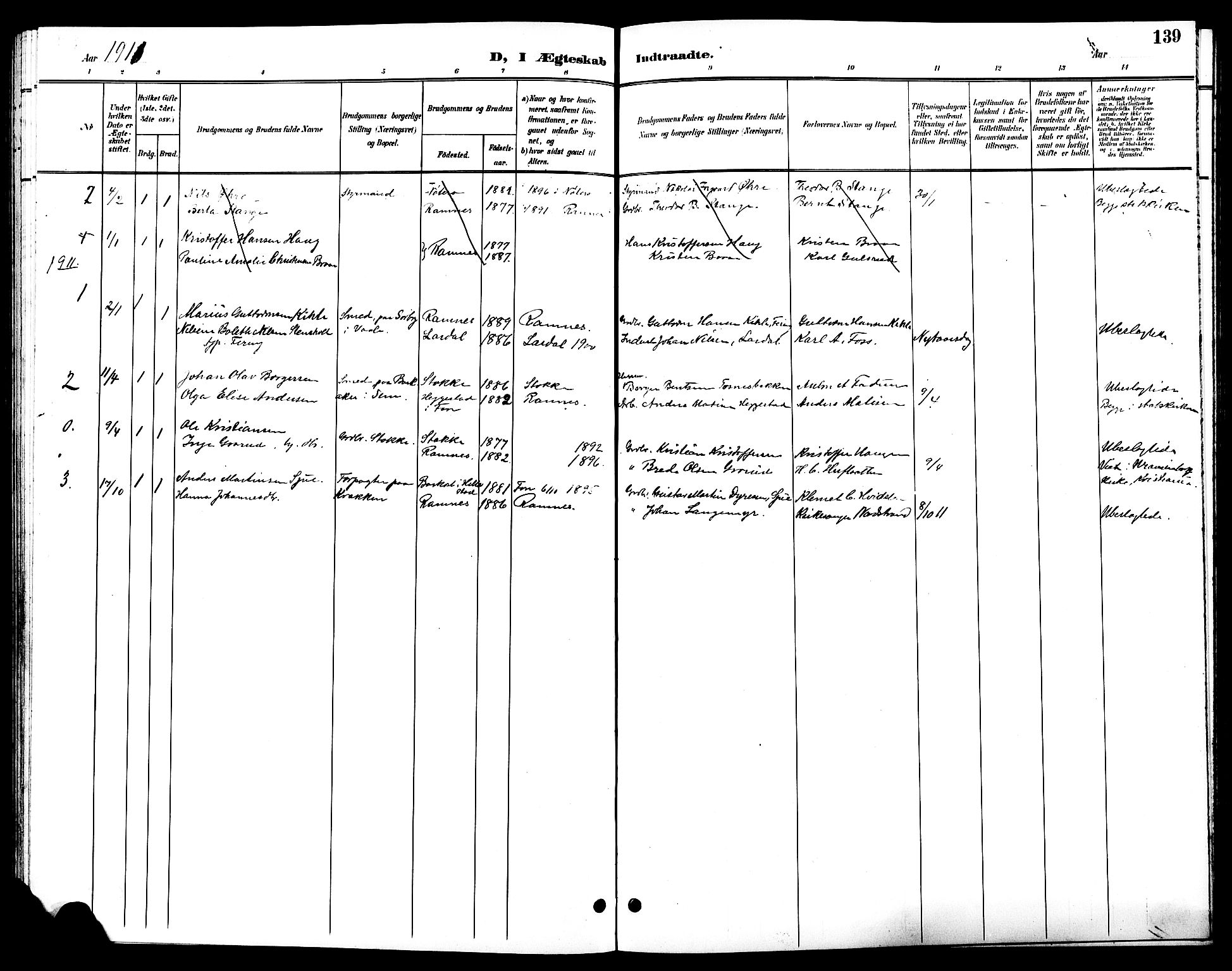 Ramnes kirkebøker, AV/SAKO-A-314/G/Ga/L0004: Parish register (copy) no. I 4, 1896-1911, p. 139