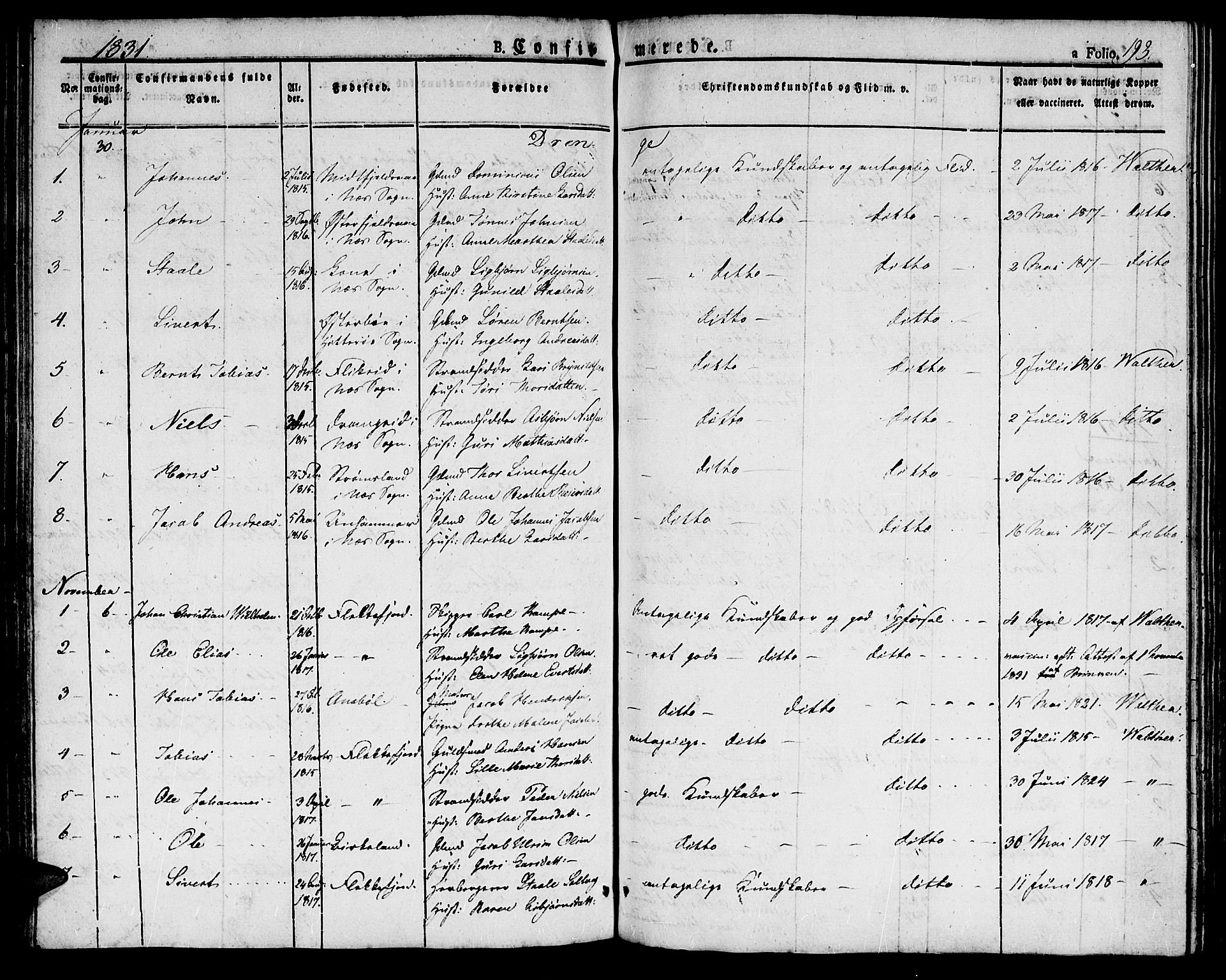 Flekkefjord sokneprestkontor, SAK/1111-0012/F/Fb/Fbc/L0004: Parish register (copy) no. B 4, 1827-1846, p. 193