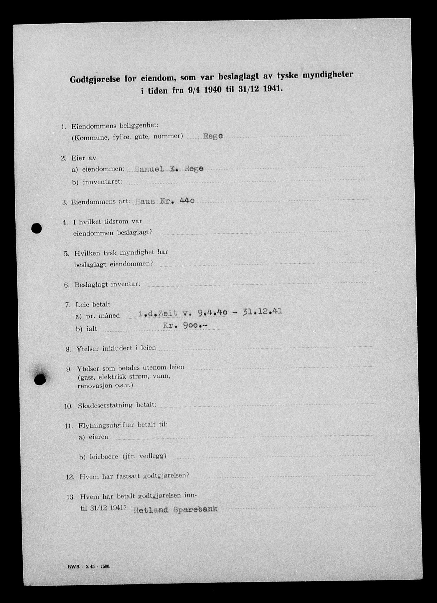 Justisdepartementet, Tilbakeføringskontoret for inndratte formuer, AV/RA-S-1564/I/L1015: Godtgjørelse for beslaglagt eiendom, 1940-1941, p. 94