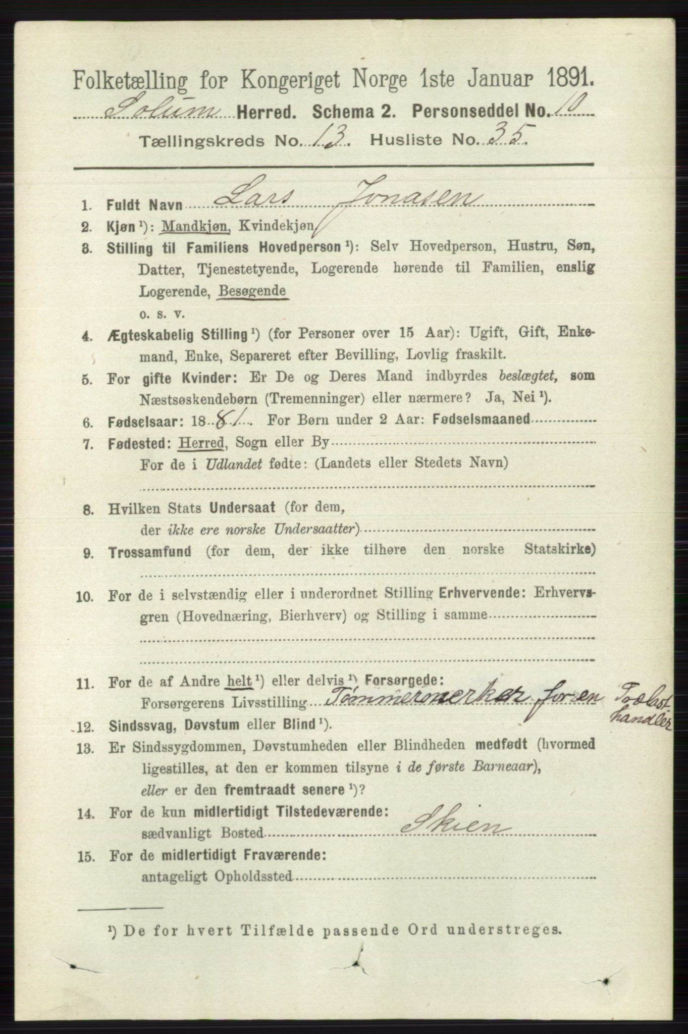 RA, 1891 census for 0818 Solum, 1891, p. 6234