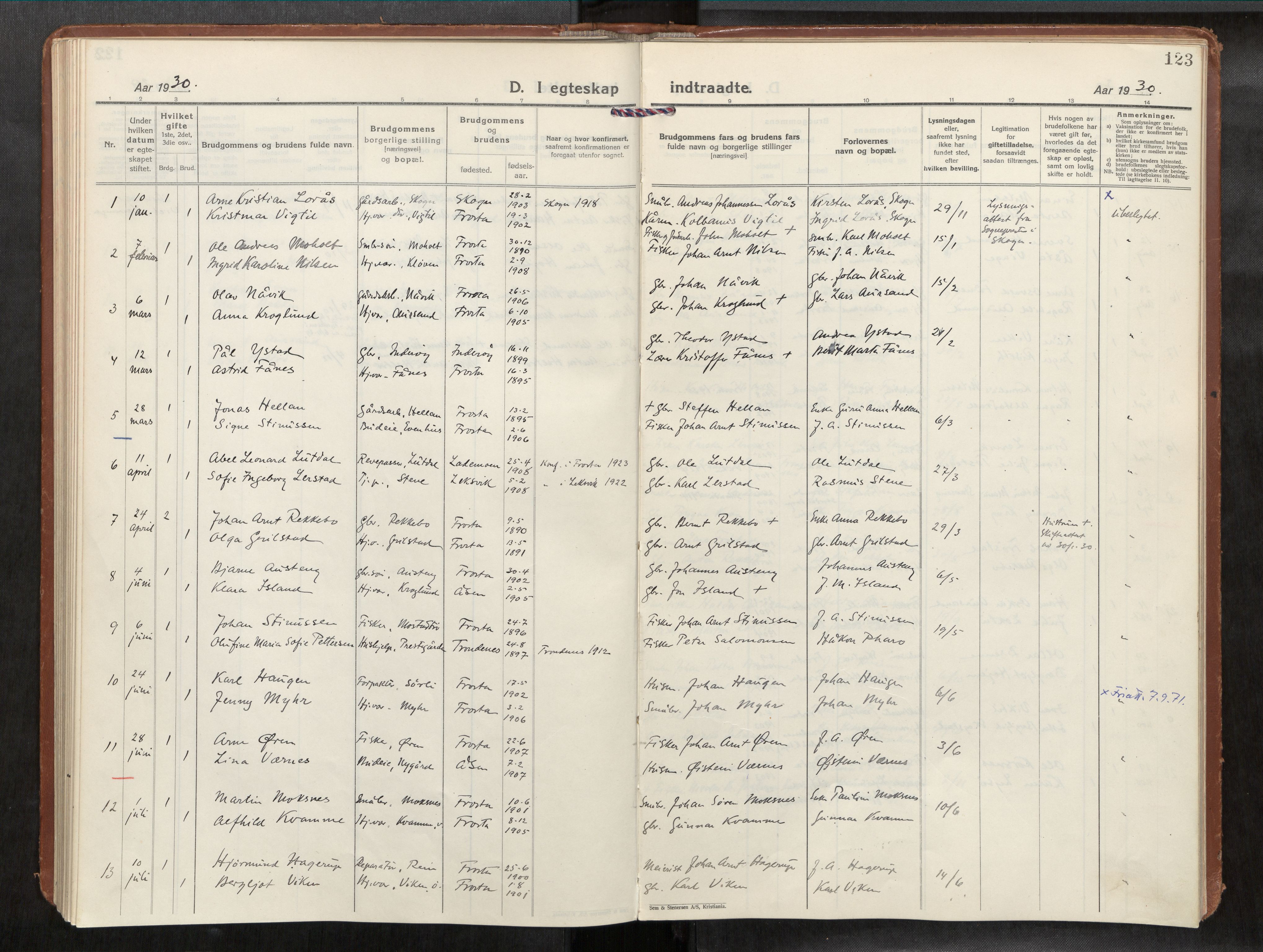 Frosta sokneprestkontor, AV/SAT-A-4380/2/H/Haa/L0001: Parish register (official) no. 1, 1926-1934, p. 123