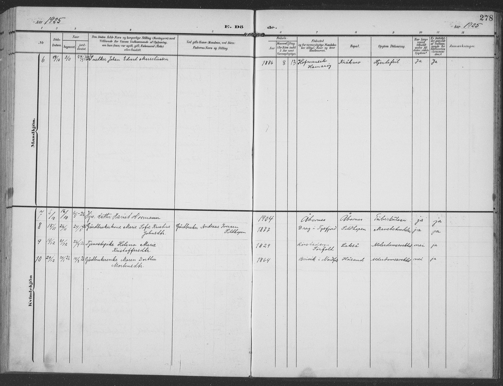 Ministerialprotokoller, klokkerbøker og fødselsregistre - Nordland, SAT/A-1459/858/L0835: Parish register (copy) no. 858C02, 1904-1940, p. 278