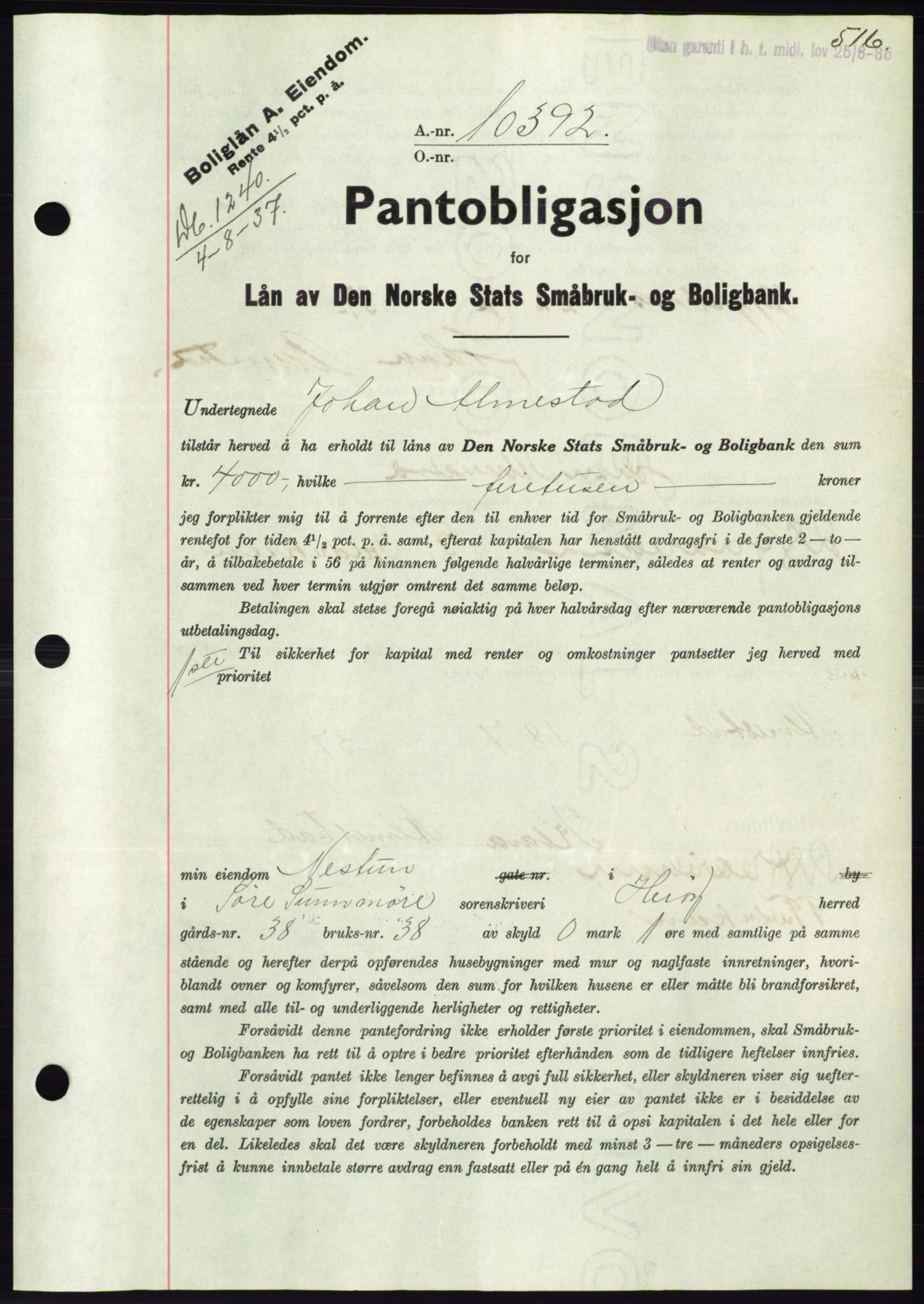 Søre Sunnmøre sorenskriveri, AV/SAT-A-4122/1/2/2C/L0063: Mortgage book no. 57, 1937-1937, Diary no: : 1240/1937