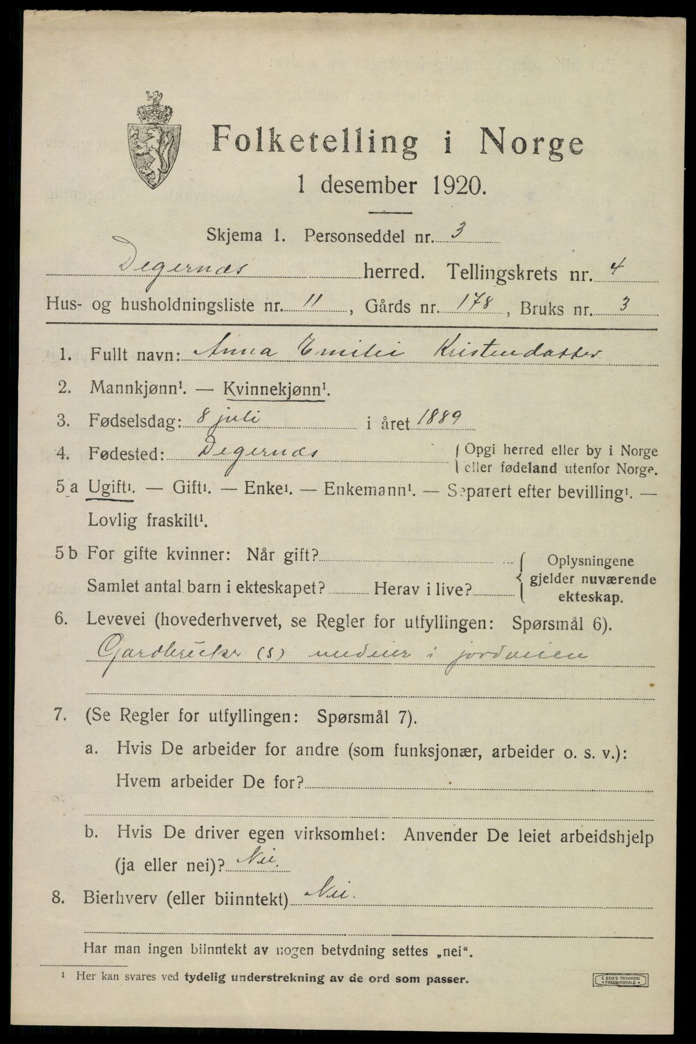 SAO, 1920 census for Degernes, 1920, p. 2432