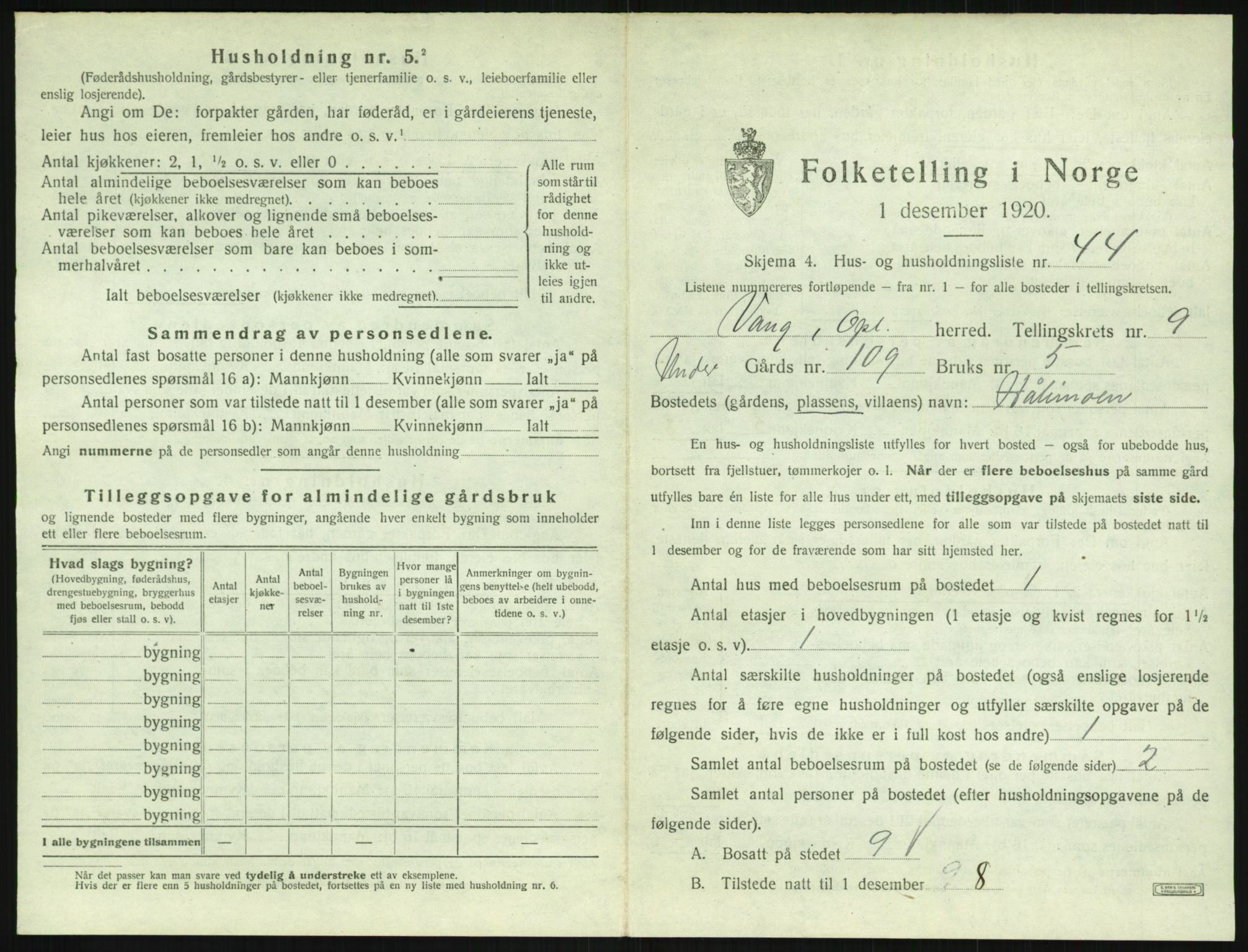 SAH, 1920 census for Vang (Oppland), 1920, p. 665