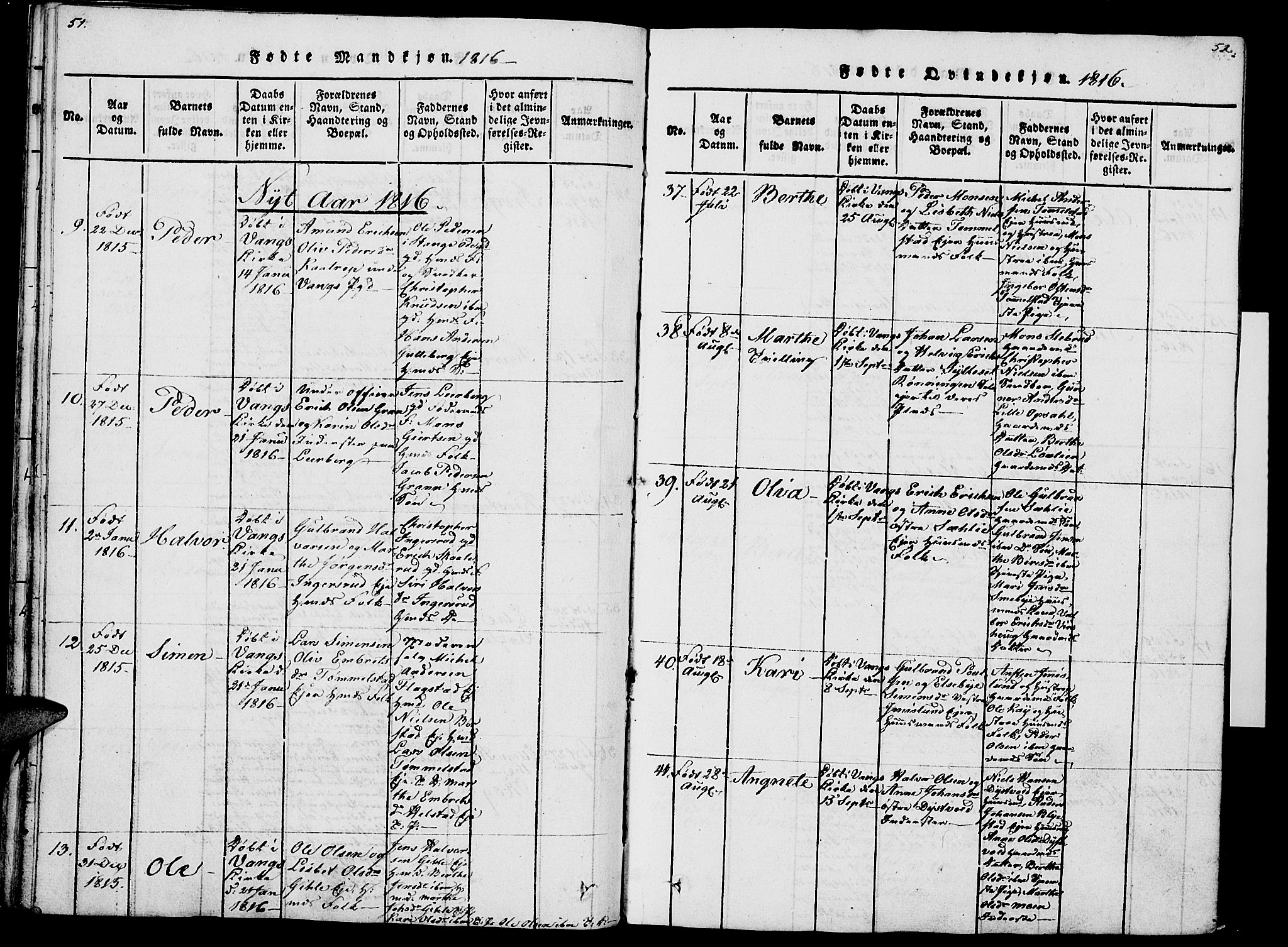 Vang prestekontor, Hedmark, SAH/PREST-008/H/Ha/Haa/L0007: Parish register (official) no. 7, 1813-1826, p. 51-52