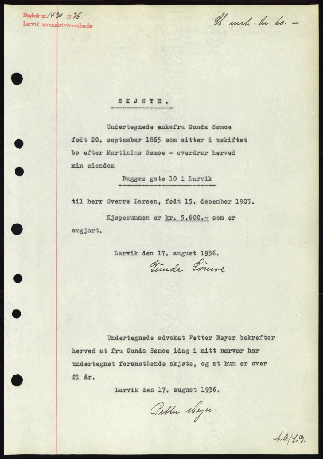 Larvik sorenskriveri, SAKO/A-83/G/Ga/Gab/L0067: Mortgage book no. A-1, 1936-1937, Diary no: : 1490/1936