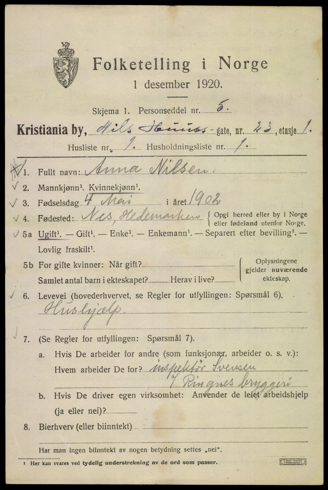 SAO, 1920 census for Kristiania, 1920, p. 414015